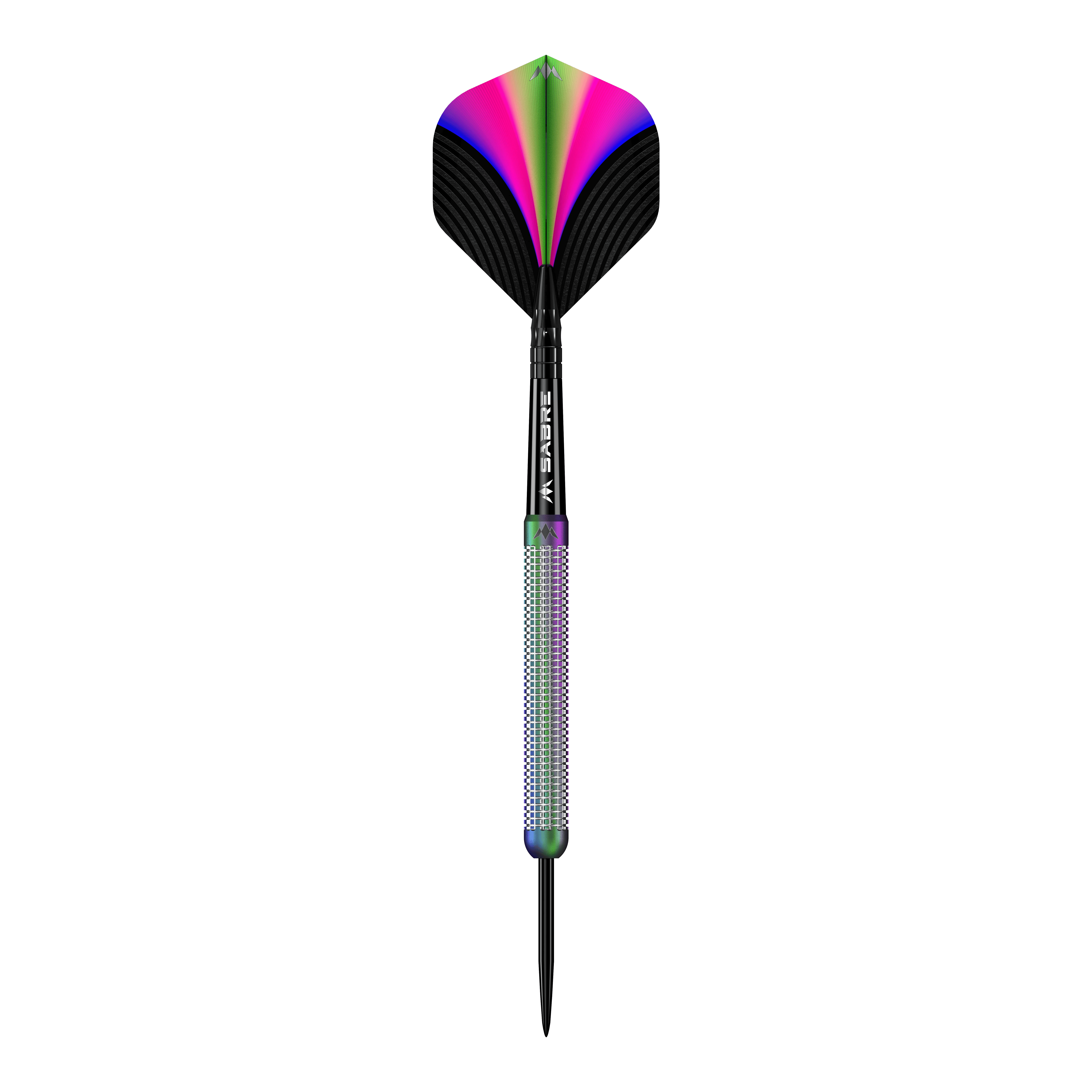 Das Bild zeigt den Mission Aurora Coral PVD Steeldart mit einem Gewicht von 23g. Der Dartpfeil hat bunte, schillernde Farben und ein modernes Design.