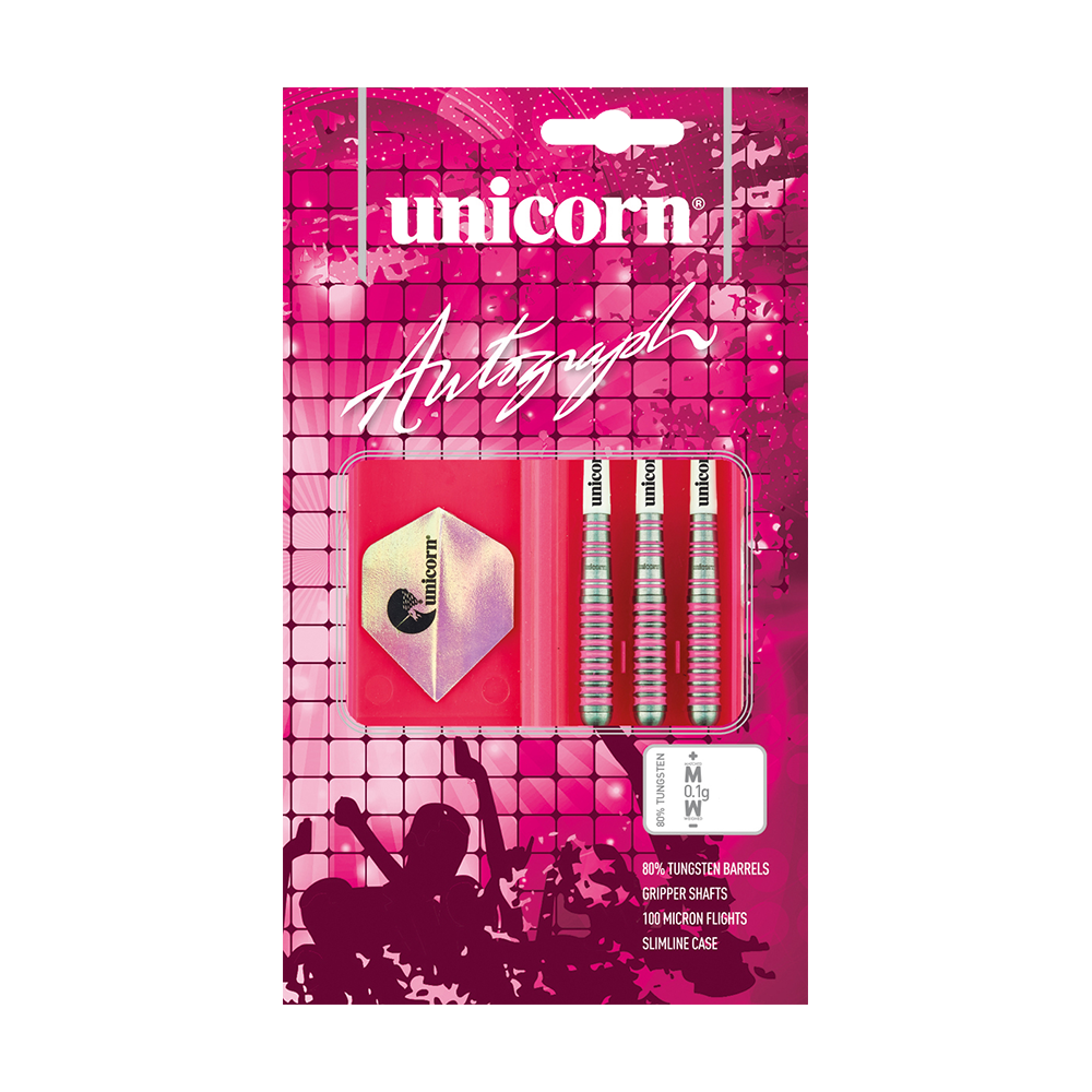 06020_Unicorn_Autograph_Steeldarts_3 Das Bild zeigt eine Verpackung der "Unicorn Autograph Steeldarts". In der Verpackung befinden sich drei Steeldarts sowie Zubehör, alles auf einem pinken Hintergrund.