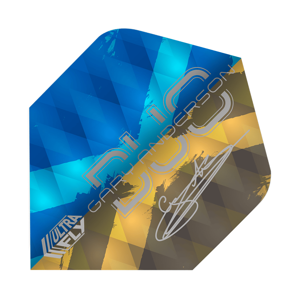 Das Bild zeigt ein Dart-Flight der Marke Unicorn Ultrafly 100 Gary Anderson Duo Plus. Das Flight hat ein Muster in Blau, Gelb und Braun und trägt die Unterschrift von Gary Anderson.