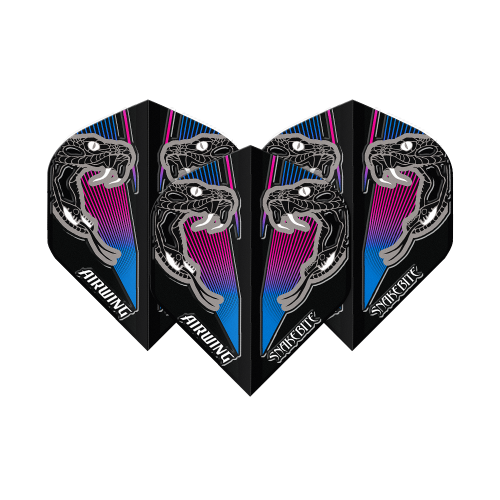 Das Bild zeigt die "Red Dragon Airwing Peter Wright Blue Standard Flights" mit einem auffälligen Schlangenkopf-Design. Die Flights sind hauptsächlich schwarz mit blauen und pinken Akzenten.