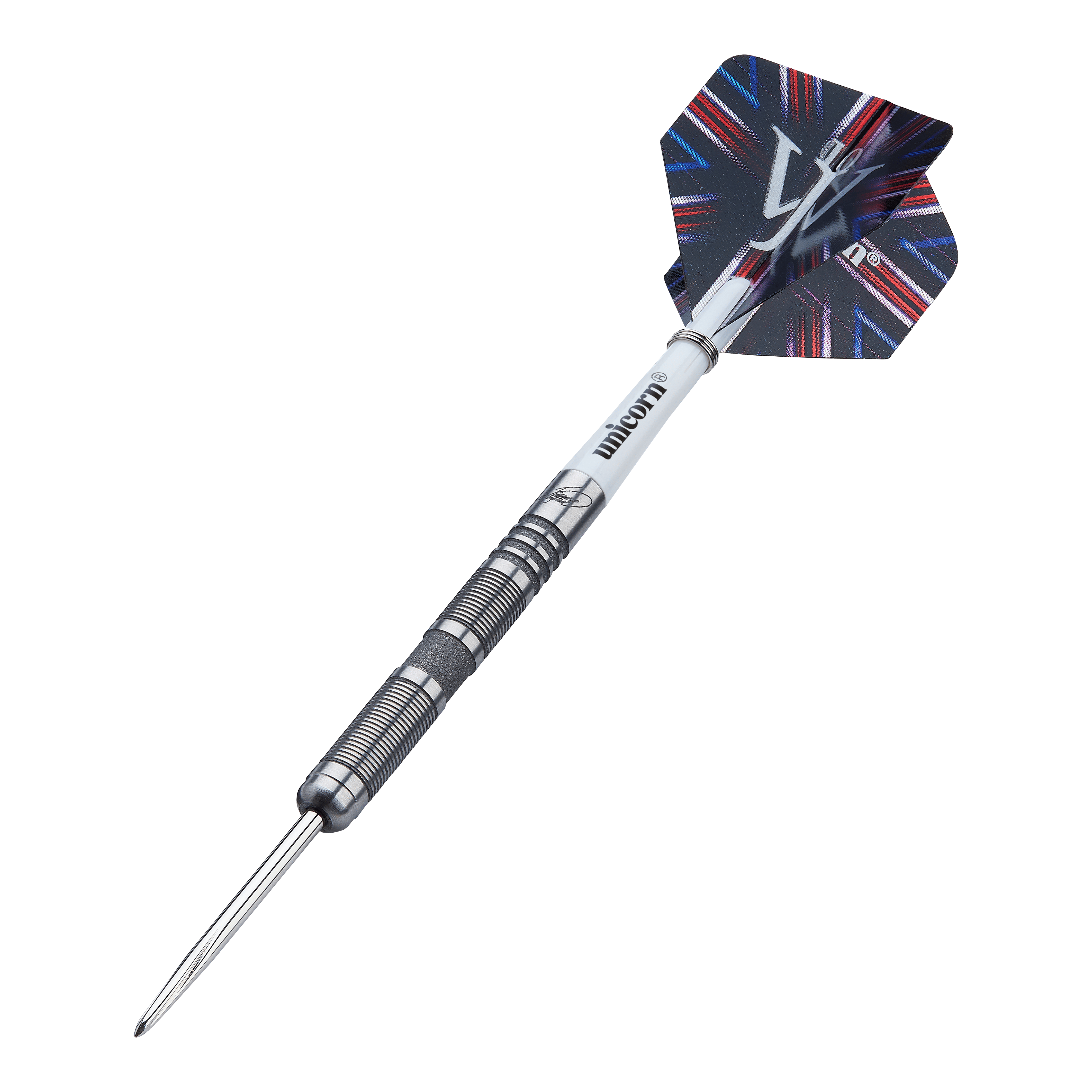 Auf dem Bild ist ein Steeldart der Marke Unicorn aus der James Wade The Machine Range Phase 4 zu sehen. Der Dart hat ein silbernes, geriffeltes Barrel und einen schwarz-blauen Flight mit auffälligem Muster.