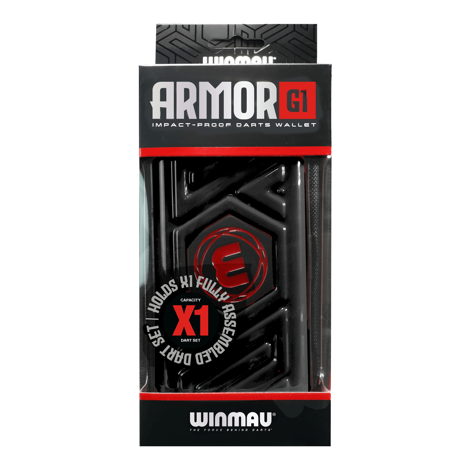 Winmau Armor G1 Dartwallet Das Bild zeigt eine schwarze Darttasche von Winmau mit dem Namen "Armor G1". Die Verpackung betont, dass sie stoßfest ist und ein vollständig montiertes Dart-Set aufnehmen kann.