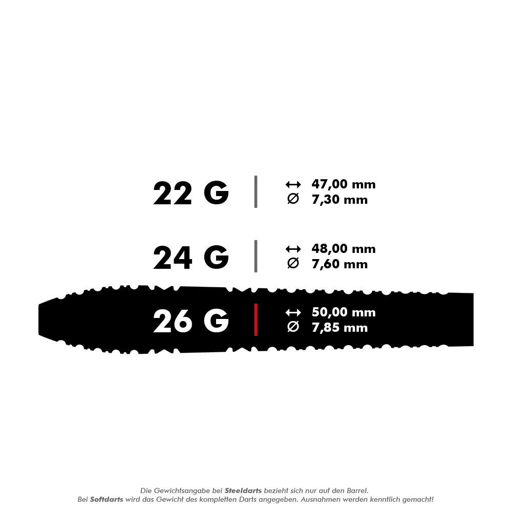 Das Bild zeigt die Produktspezifikationen für die Target Bolide 03 Swiss Point Steeldarts. Die Darts wiegen 26 Gramm, sind 50,00 mm lang und haben einen Durchmesser von 7,85 mm.