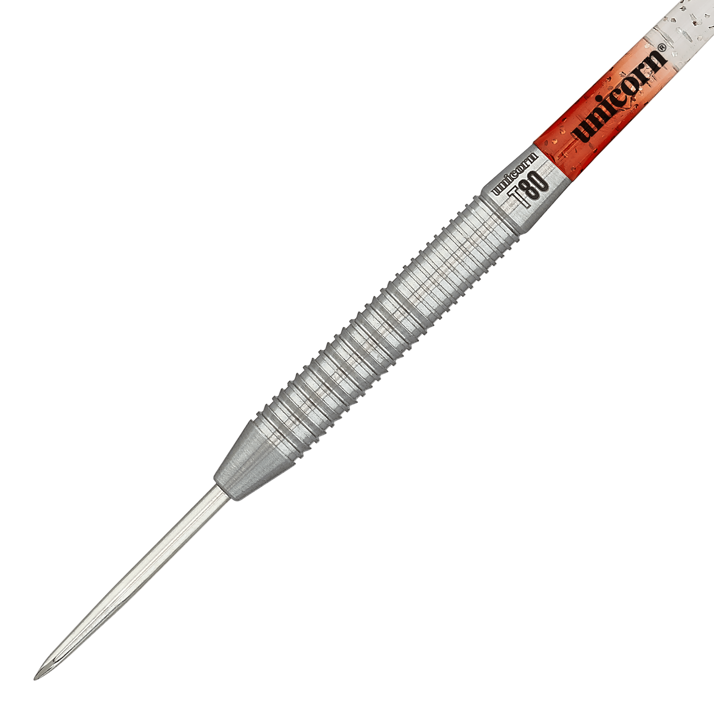 Das Bild zeigt einen silberfarbenen Steeldart mit gerilltem Griff. Auf dem Schaft steht "Unicorn" und das Modell ist "Core XL Striker Style 1" mit 22g Gewicht.