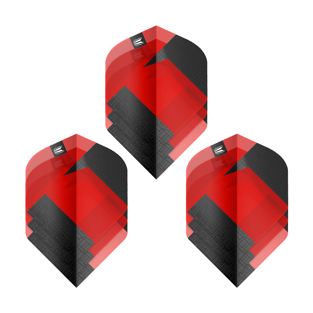 Das Bild zeigt drei Sets der Target Pro Ultra TAG Rot No2 Standard Flights. Die Flights sind rot und schwarz mit einem modernen, geometrischen Muster gestaltet.