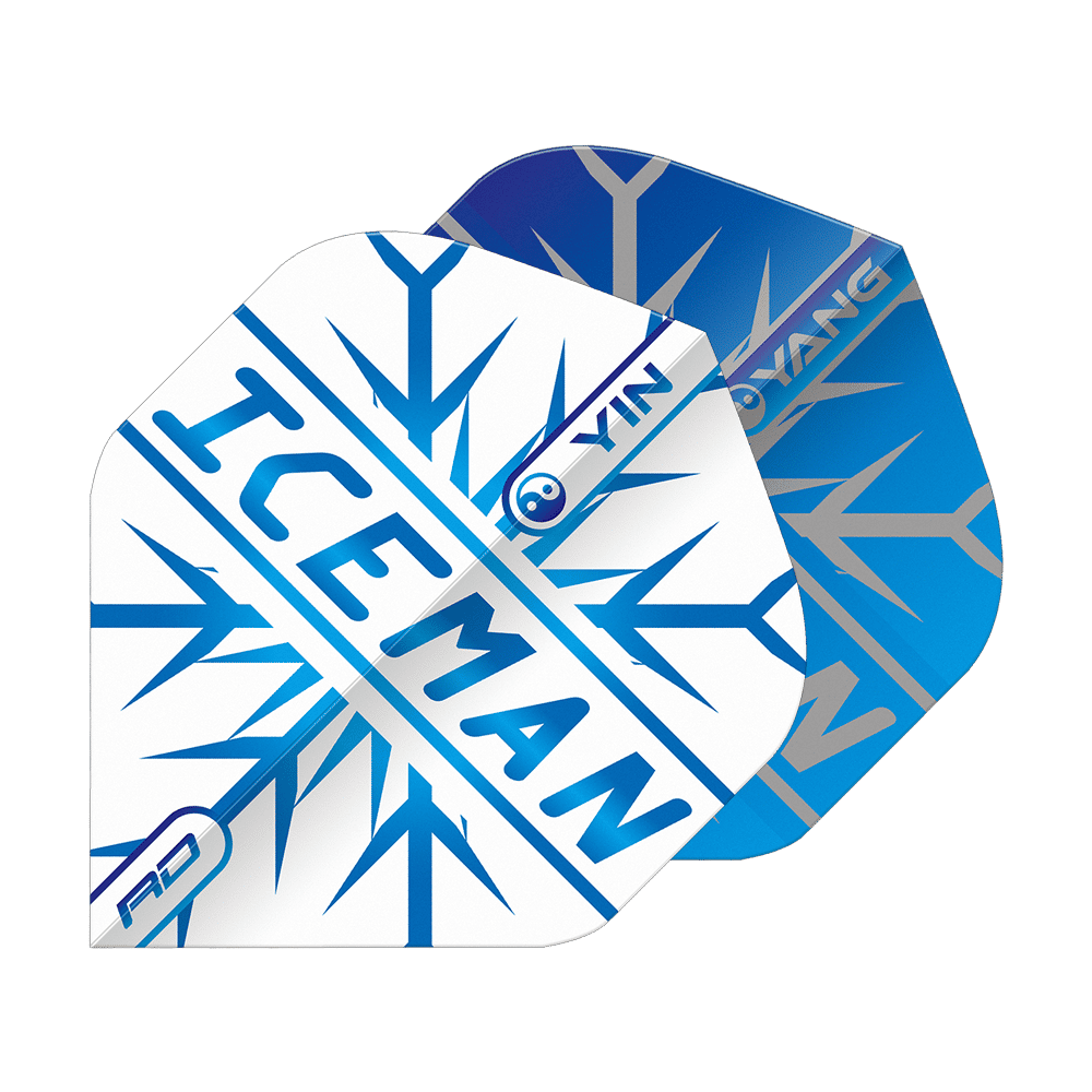 Das Bild zeigt zwei Dart-Flights in den Farben Blau und Weiß mit dem Aufdruck "ICEMAN" und einem Yin-Yang-Symbol. Die Flights haben ein eisiges Design mit blauen Pfeilmustern und den Worten "YIN" und "YANG".