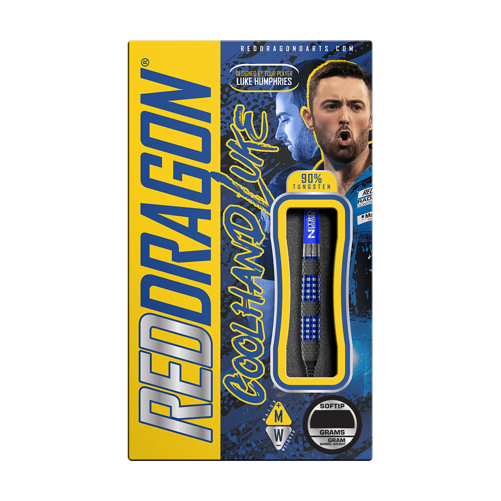 RD2563_Red_Dragon_Luke_Humphries_TX2_Atomised_Softdarts_3 Die Abbildung zeigt die Verpackung der "Red Dragon Luke Humphries TX2 Atomised Softdarts - 18g". Auf der Verpackung sind ein Bild von Luke Humphries und ein Sichtfenster mit einem Softdart zu sehen.