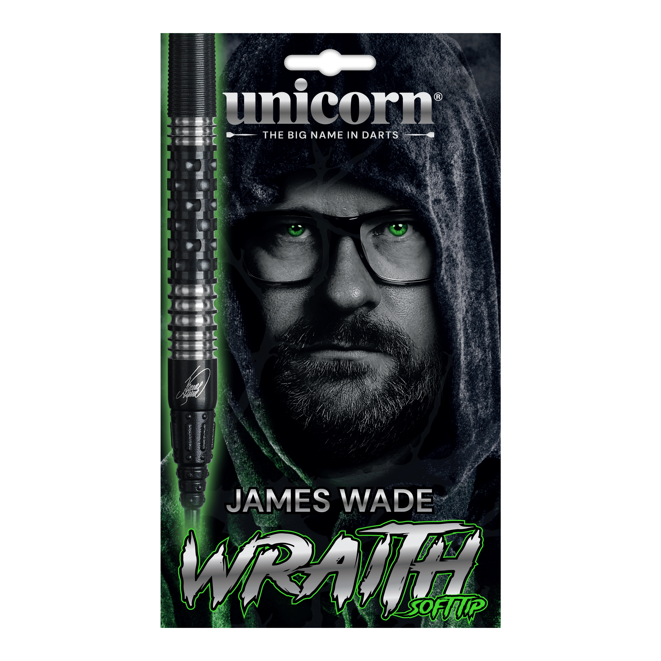 Abgebildet sind die Unicorn Wraith James Wade Softdarts - 19g. Die Darts haben ein schlankes Design für präzises Werfen.