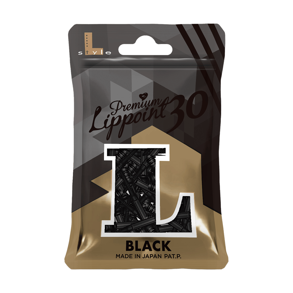 LIP42_L-Style_Premium_Lippoints_30_Softdartspitzen_30erPack_Schwarz_3 Die Abbildung zeigt eine Verpackung der "L-Style Premium Lippoints 30" in Schwarz. Die Packung enthält 30 Stück mit jeweils 30 mm Länge, hergestellt in Japan.