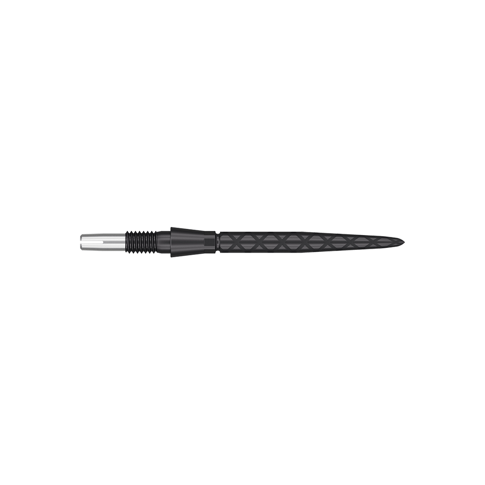 Target Swiss Storm Diamond Point Dartspitzen - Schwarz Auf dem Bild ist eine schwarze Dartspitze mit einem diamantförmigen Muster zu sehen. Sie hat ein geriffeltes Ende und ist insgesamt 26 mm lang.