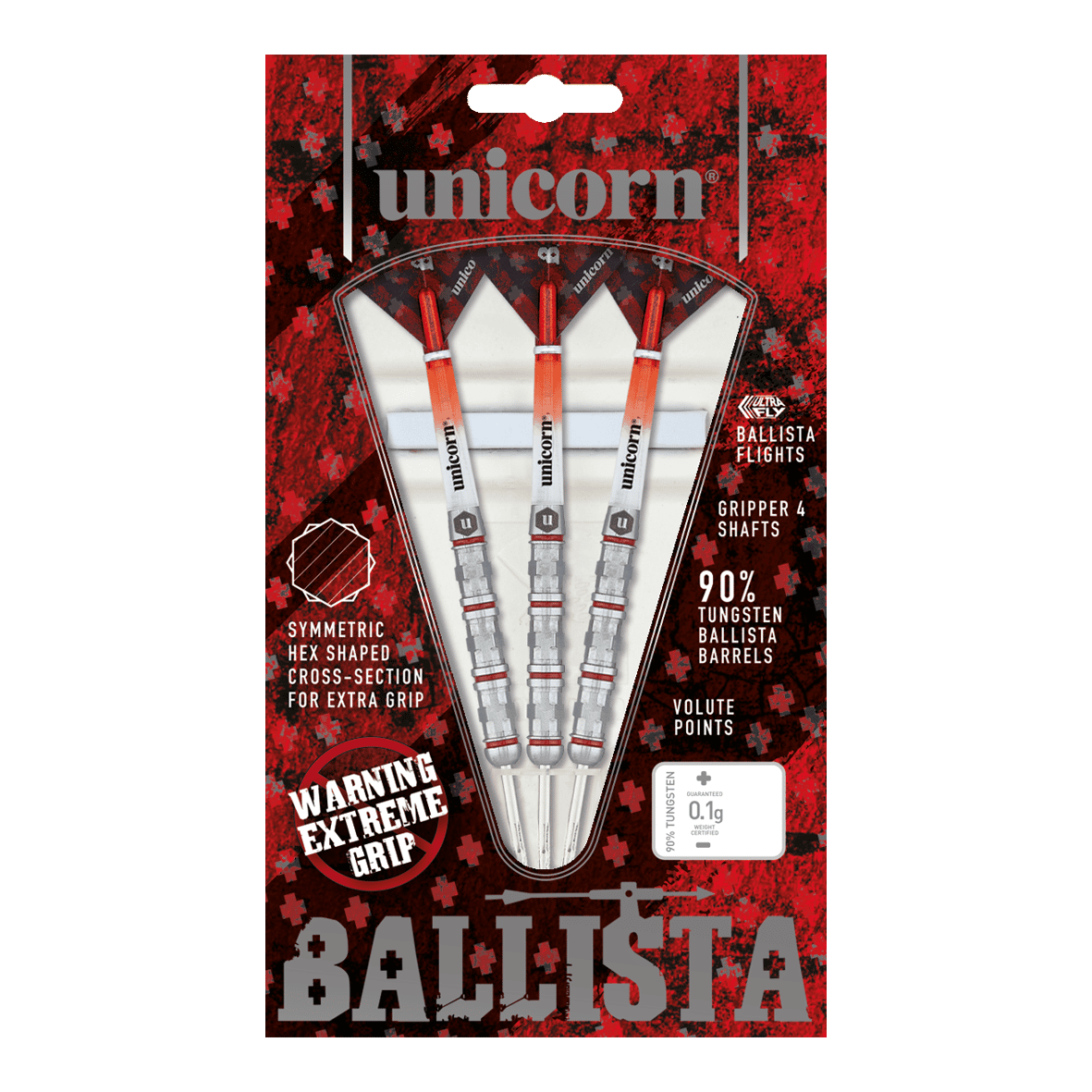 Auf dem Bild ist das Produkt "Unicorn Ballista Style 4 Steeldarts" zu sehen. Die Verpackung zeigt drei Steeldarts mit auffälligem Design und betont ihre hohe Griffigkeit und den 90%igen Wolframanteil.