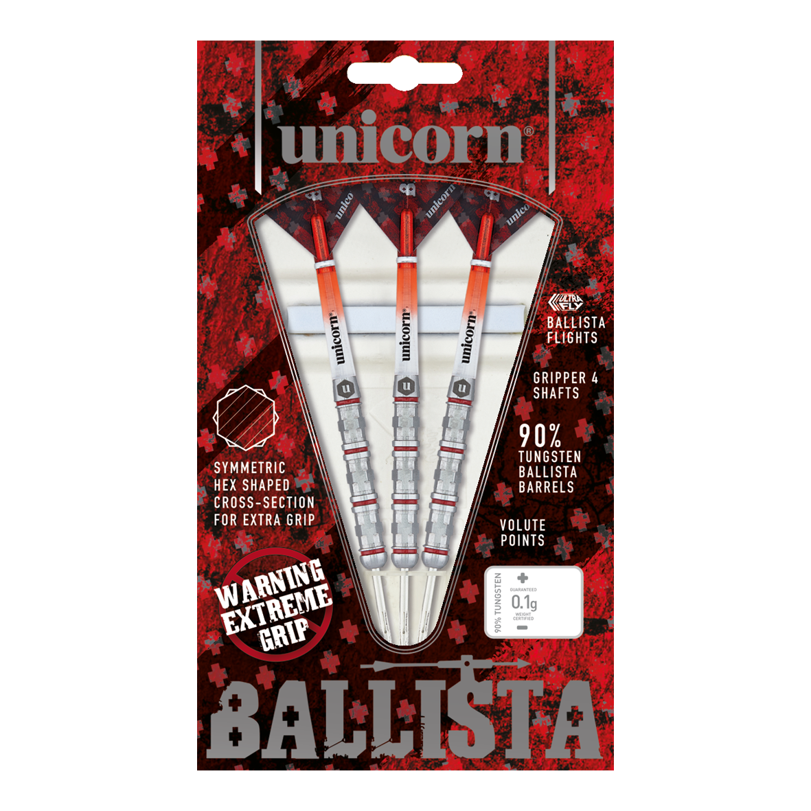 Unicorn Ballista Style 4 Steeldarts Auf dem Bild ist das Produkt "Unicorn Ballista Style 4 Steeldarts" zu sehen. Die Verpackung zeigt drei Steeldarts mit auffälligem Design und betont ihre hohe Griffigkeit und den 90%igen Wolframanteil.