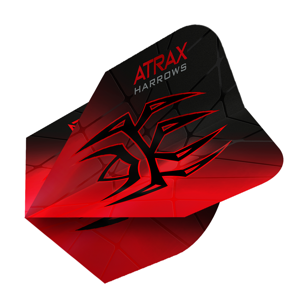 Harrows Atrax Prime No6 Flights Das Bild zeigt das Produkt "Harrows Atrax Prime No6 Flights". Die Dartflight ist rot und schwarz mit einem markanten, grafischen Muster und dem Schriftzug "ATRAX HARROWS".