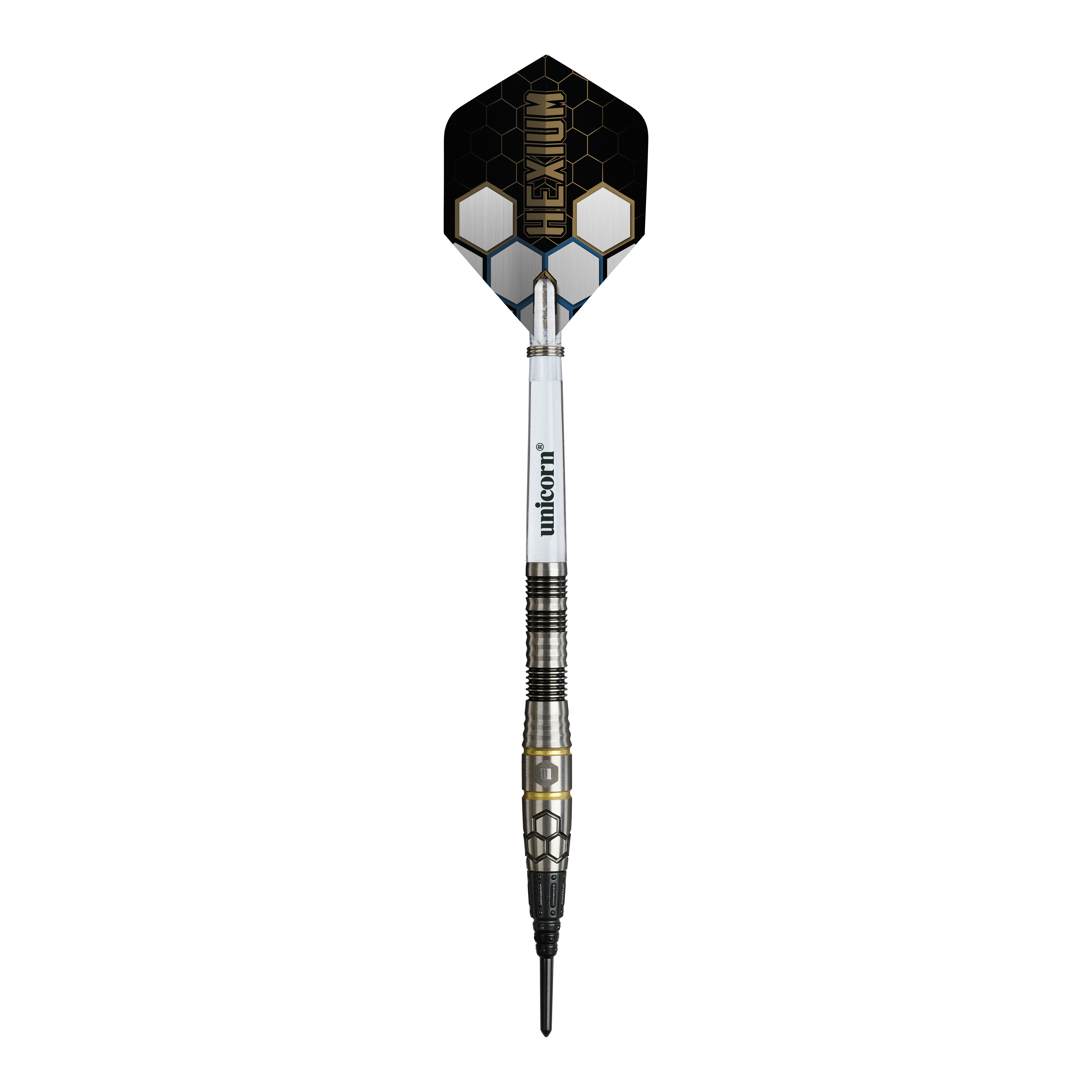 Unicorn Hexium Style 01 Black & Gold Softdarts - 22g Das Bild zeigt die Unicorn Hexium Style 01 Black & Gold Softdarts mit einem Gewicht von 22 Gramm. Die Darts zeichnen sich durch ihr schwarzes und goldenes Aussehen aus.
