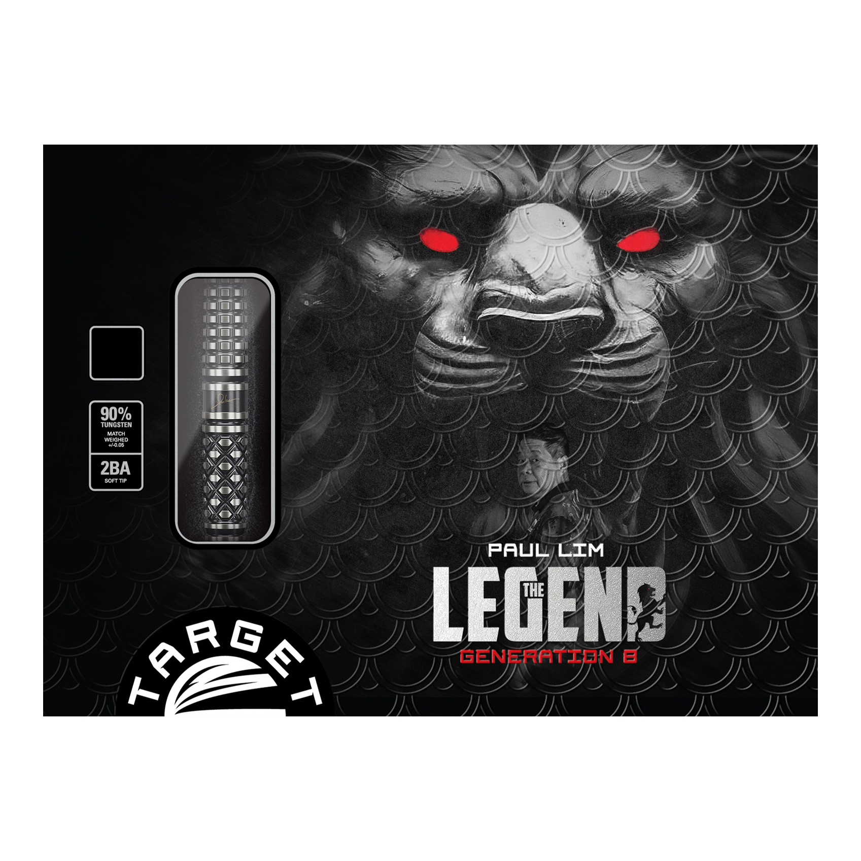 Target Japan Paul Lim The Legend GEN8 Softdarts - 19g Auf dem Bild ist die Verpackung der "Target Japan Paul Lim The Legend GEN8 Softdarts - 19g" zu sehen. Im Hintergrund ist ein Löwengesicht mit leuchtend roten Augen abgebildet.
