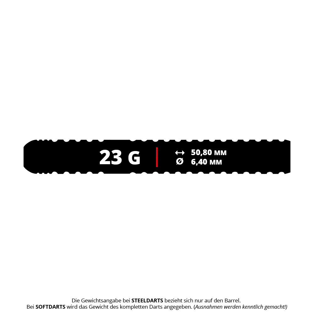 Winmau Ryan Branley Steeldarts - 23g Das Bild zeigt die Produktdaten der Winmau Ryan Branley Steeldarts mit einem Gewicht von 23 Gramm. Der Barrel ist 50,80 mm lang und hat einen Durchmesser von 6,40 mm.