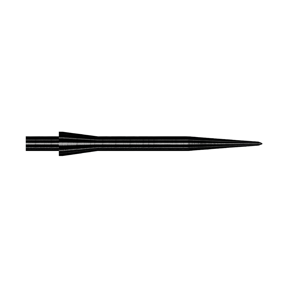 Winmau Velocity Black Steeldartspitzen - 30mm Das Bild zeigt eine schwarze Steeldartspitze des Modells Winmau Velocity mit einer Länge von 30 mm. Die Spitze ist schmal, gerade und aus Metall gefertigt.