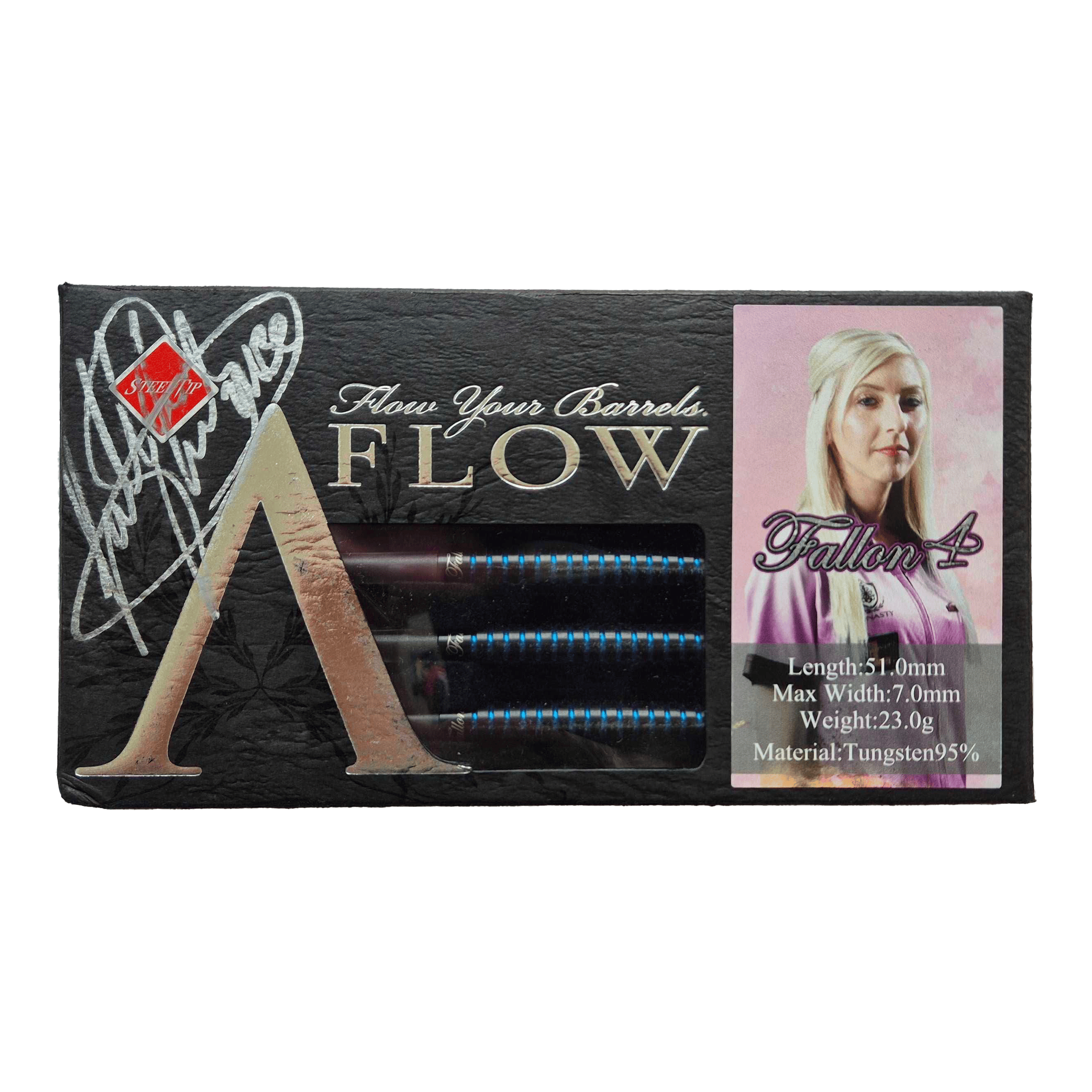 Dynasty Fallon Sherrock 4 AFlow BK Steeldarts - Mit Autogramm - 23g Das Bild zeigt eine Packung Dynasty Fallon Sherrock 4 AFlow BK Steeldarts mit einer Unterschrift. Auf der Verpackung ist auch ein Foto von Fallon Sherrock sowie die technischen Daten der Darts abgebildet.