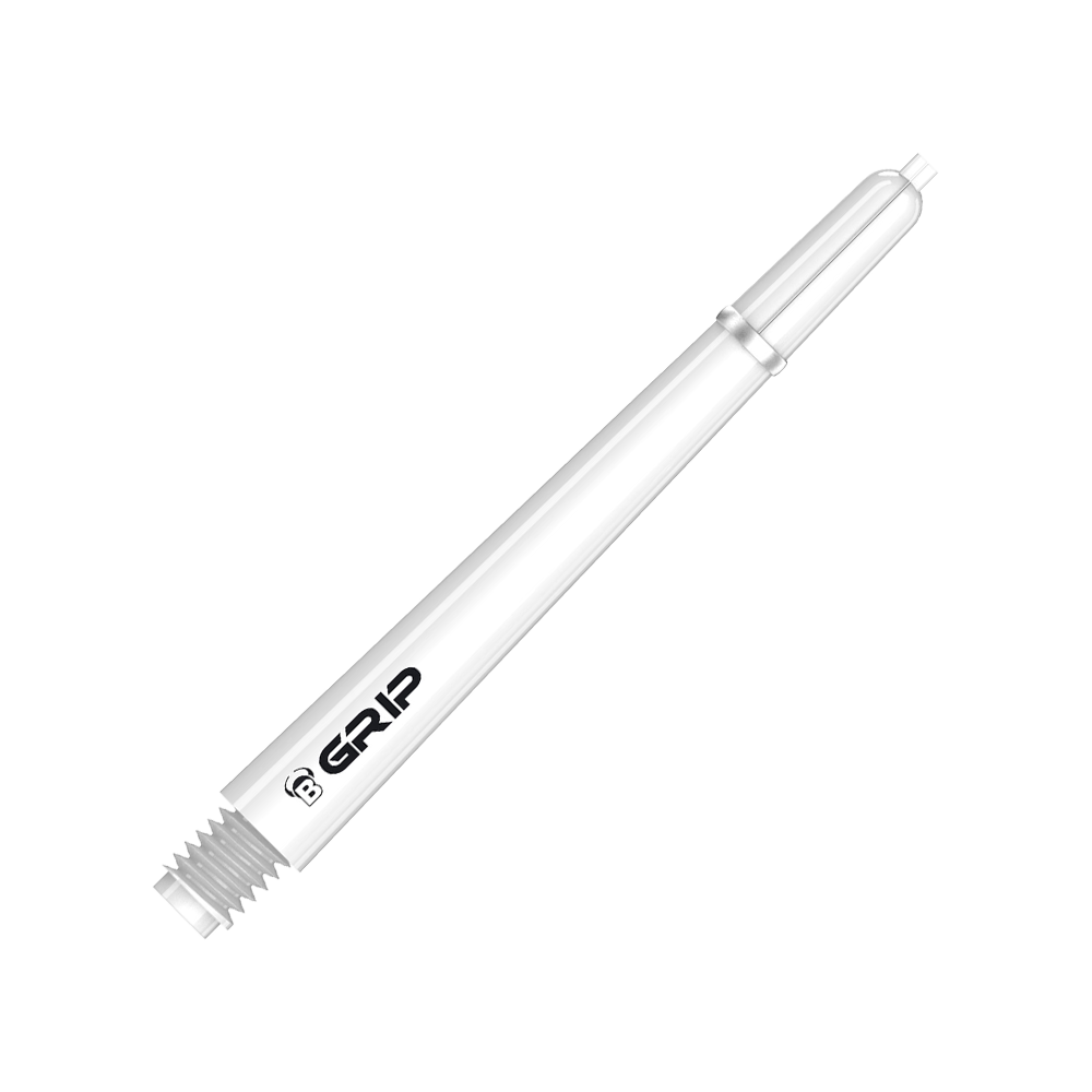 Das Bild zeigt einen weißen Dartshaft des Produkts "Bulls B-Grip-2 SL Shafts". Auf dem Schaft ist das Wort "GRIP" zusammen mit einem kleinen "B"-Logo zu sehen.