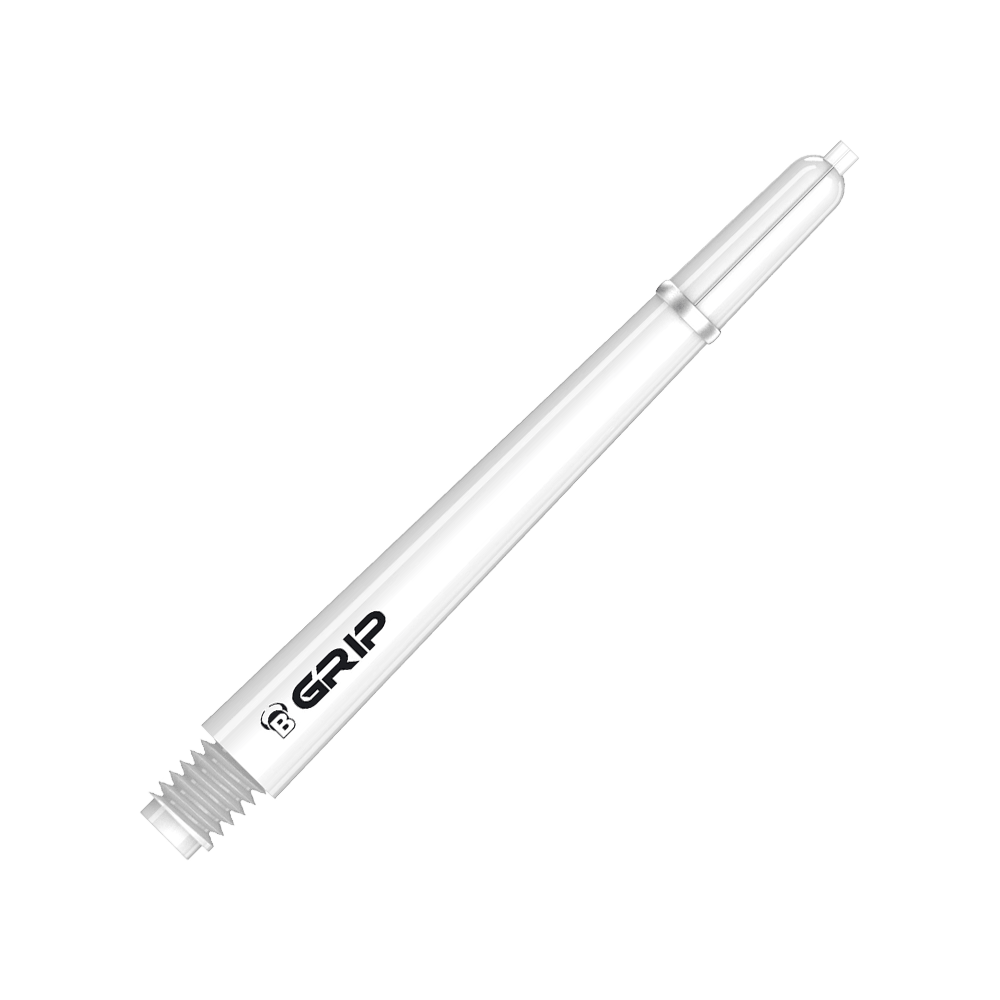 BS55059_Bulls_B-Grip-2_SL_Shafts_Weiss_48mm_2 Das Bild zeigt einen weißen Dartshaft des Produkts "Bulls B-Grip-2 SL Shafts". Auf dem Schaft ist das Wort "GRIP" zusammen mit einem kleinen "B"-Logo zu sehen.