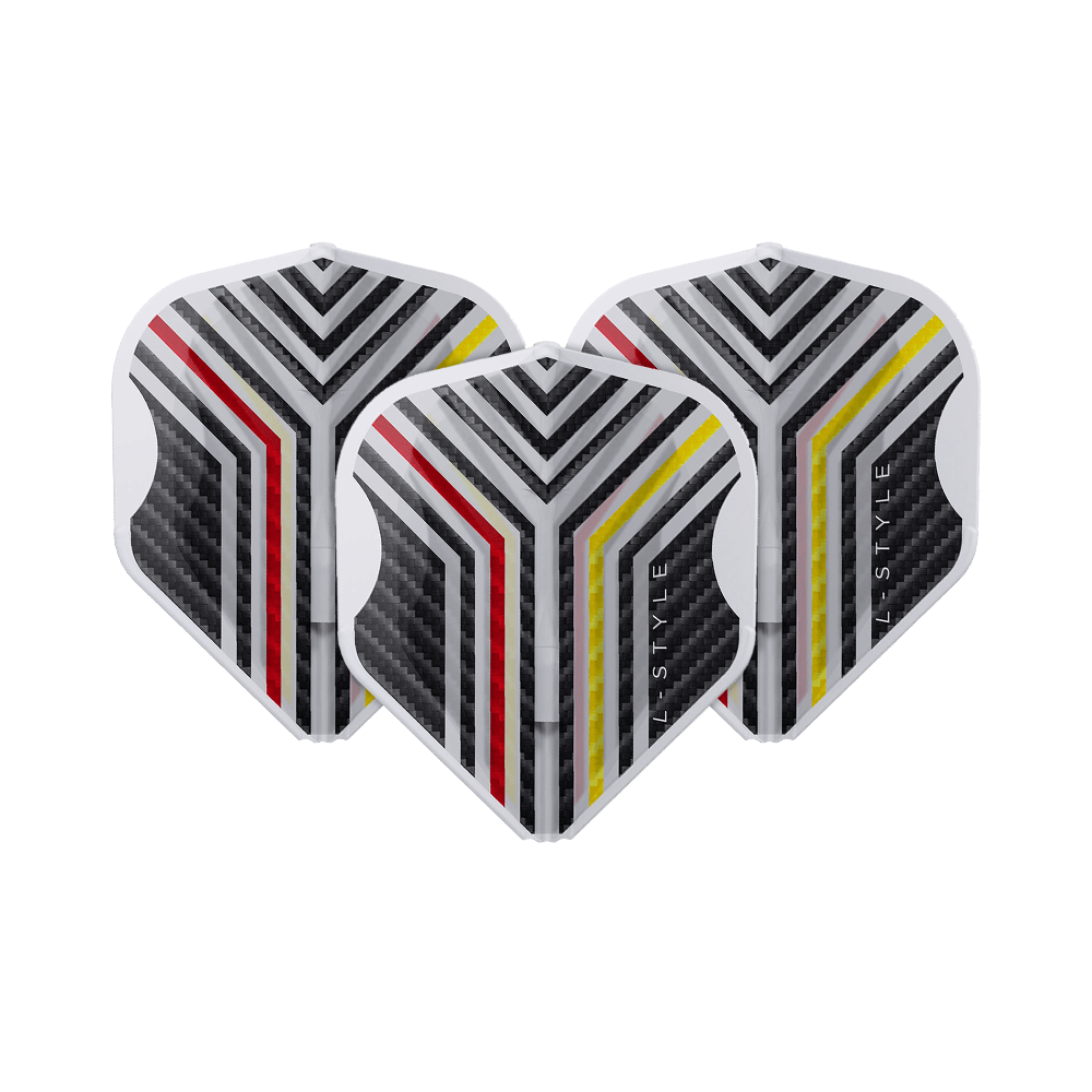 L-Style Arno Merk V1 Clear White L1EZ Flights Das Bild zeigt ein Set L-Style Arno Merk V1 Clear White L1EZ Flights ordentlich ausgelegt. Die Struktur der Flights ist hervortritt.