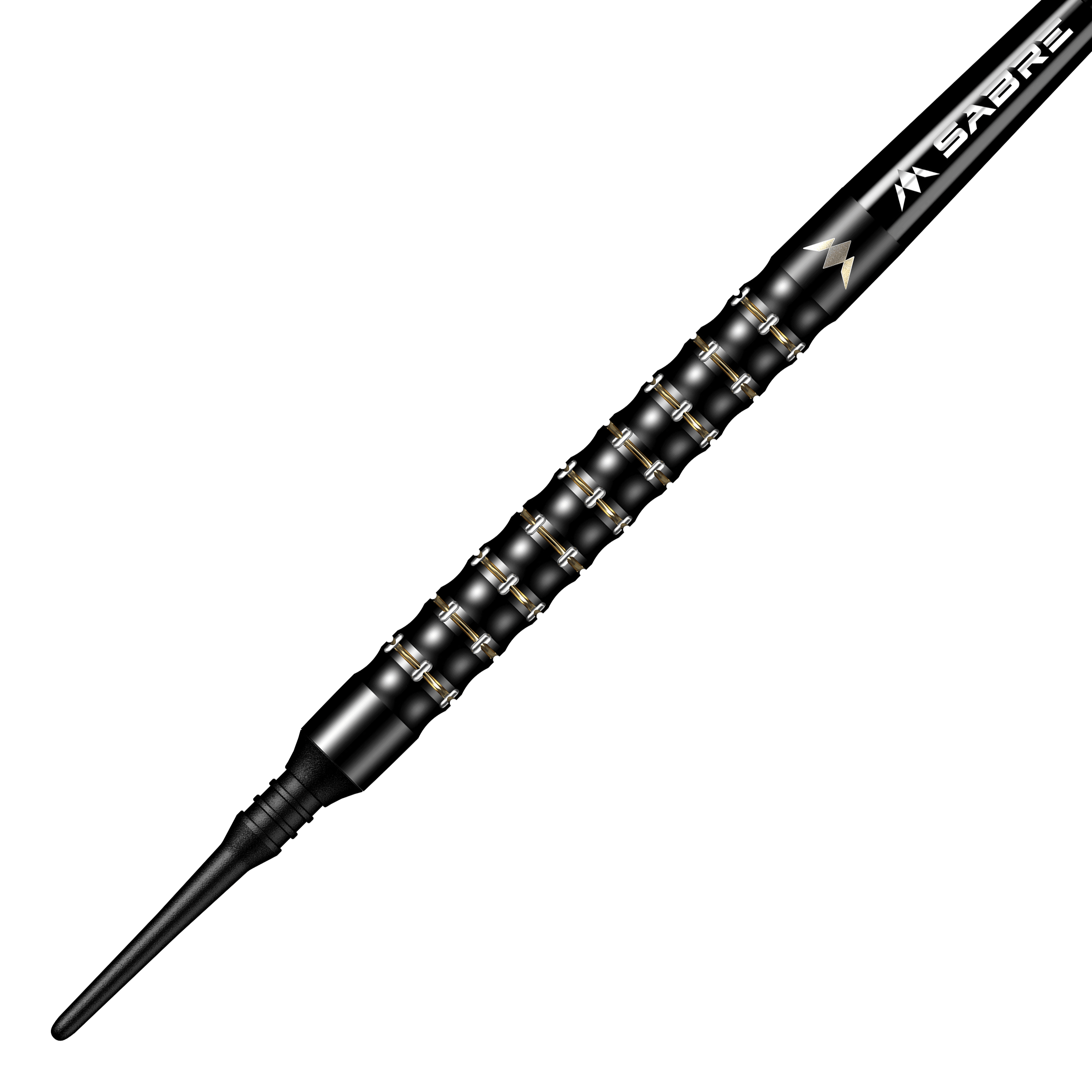 Das Bild zeigt einen Mission Mike De Decker MDD Black Gold Softdart mit einem Gewicht von 20g. Der Dart ist schwarz-gold und hat eine strukturierte Griffzone für besseren Halt.