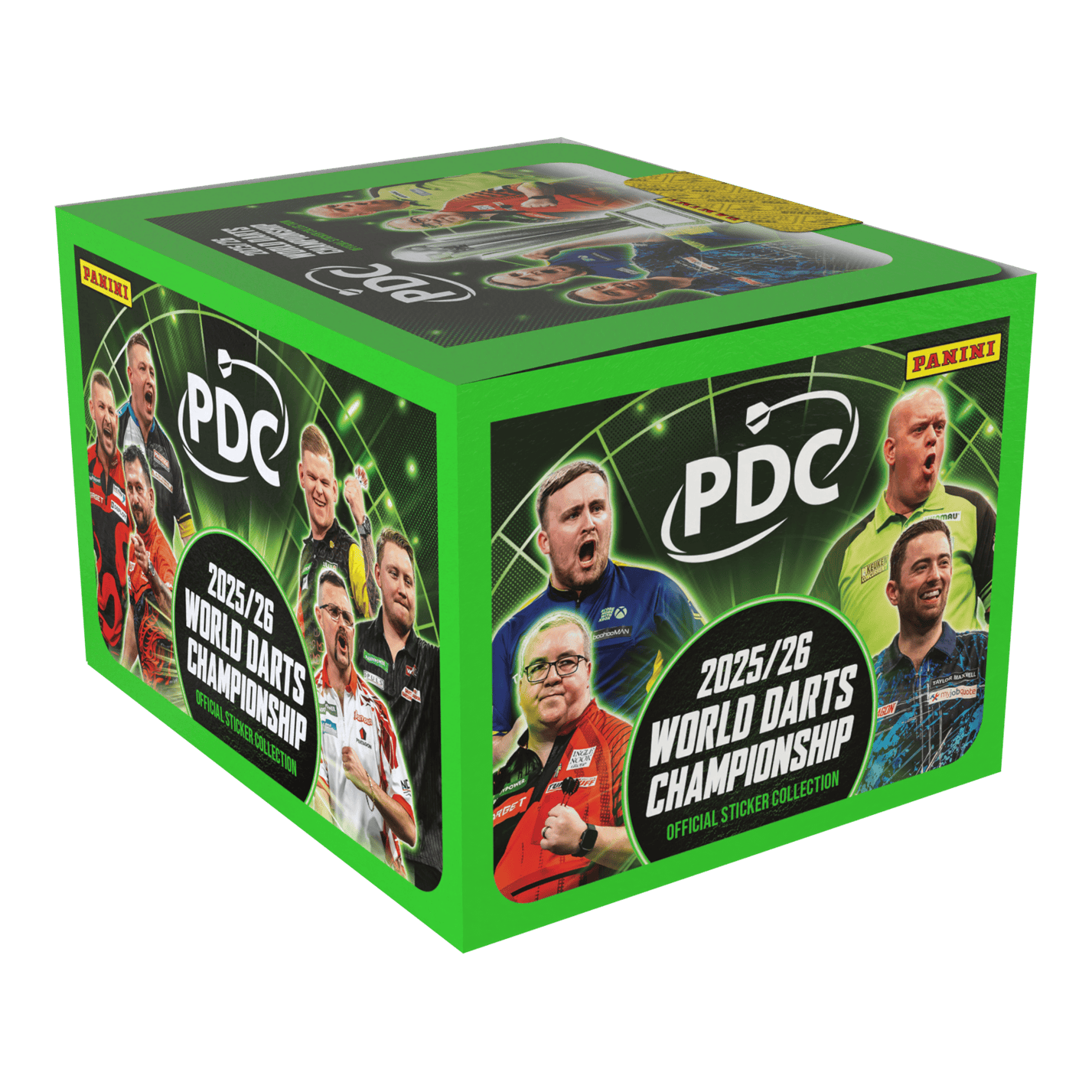 Hier abgebildet ist noch einmal das Panini PDC World Darts Championship 2025/26 Softcover Bundle mit einer Stickerbox. Das Bundle ist ideal für Stickersammler der Darts-Weltmeisterschaft.