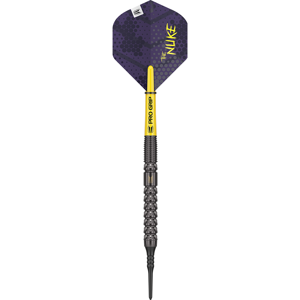210324_Target_Luke_Littler_GEN1_Softdarts_1gZis2byllEaNT Das Bild zeigt einen Target Luke Littler GEN1 Softdart mit einem Gewicht von 19g. Der Dart hat ein gelbes Griffstück und ein schwarzes Flight mit der Aufschrift "THE NUKE".