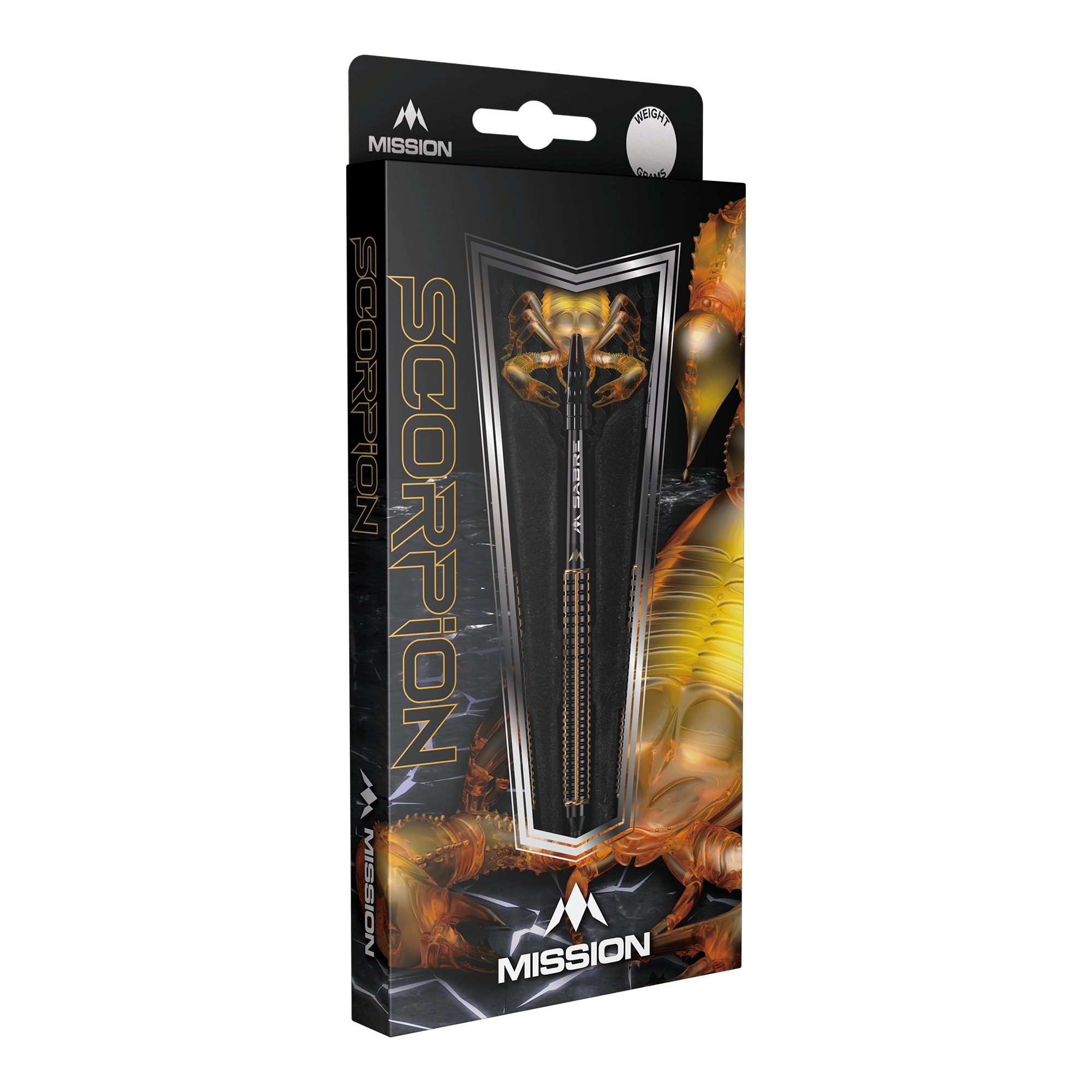 Die Abbildung zeigt die Verpackung der "Mission Scorpion Softdarts - 19g". Das Design ist schwarz-gold mit einem Skorpionmotiv und zeigt einen Dartpfeil in der Mitte.
