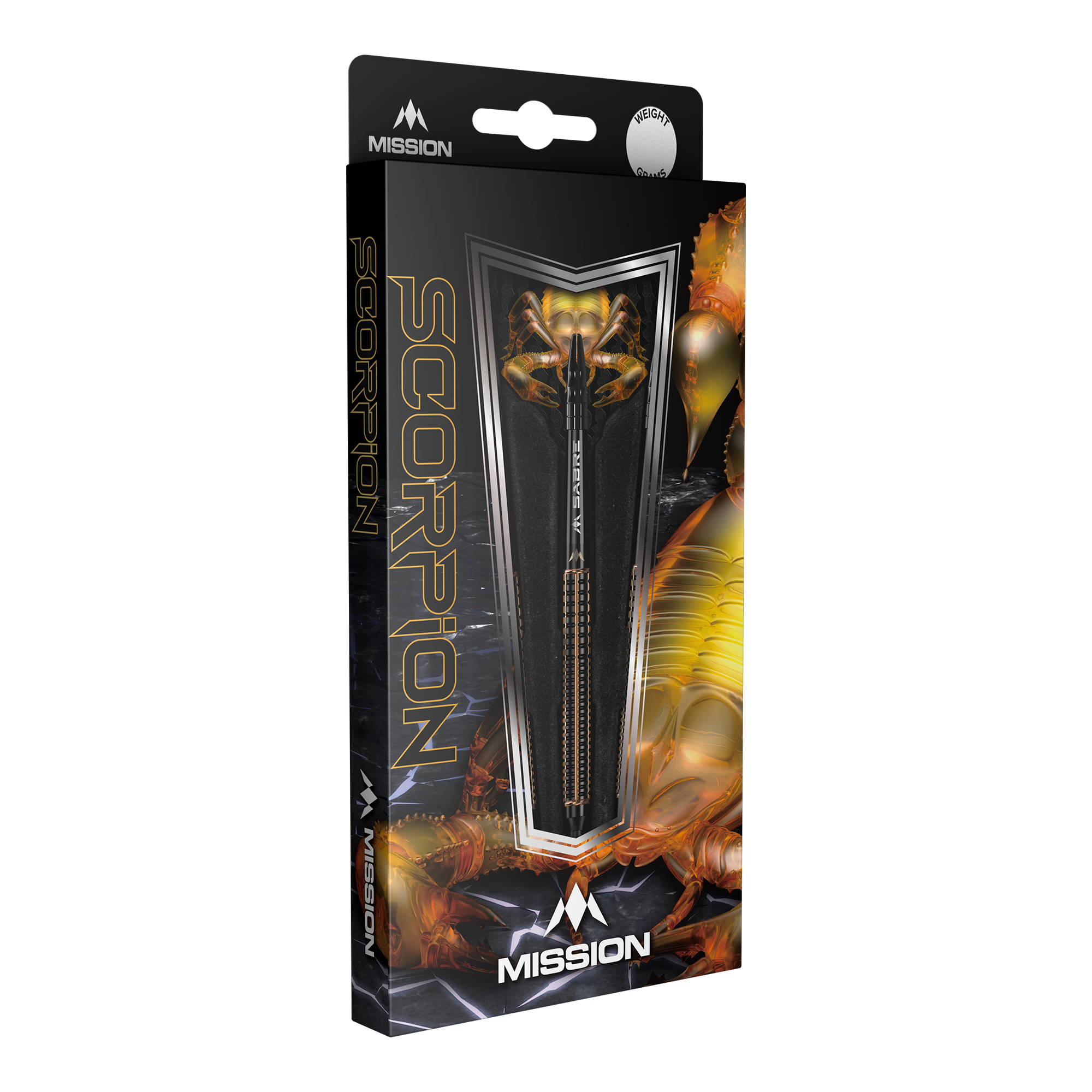 Mission Scorpion Softdarts - 19g Die Abbildung zeigt die Verpackung der "Mission Scorpion Softdarts - 19g". Das Design ist schwarz-gold mit einem Skorpionmotiv und zeigt einen Dartpfeil in der Mitte.