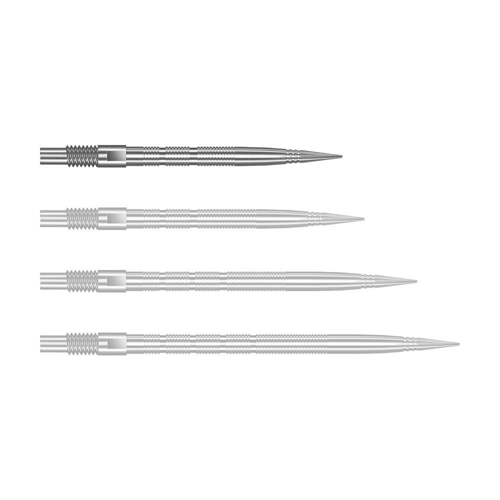 Silberne Harrows Quick Point MicroRidge Dartspitzen mit 26 mm Länge werden dargestellt. Die Spitzen liegen einzeln auf einer hellen Oberfläche.
