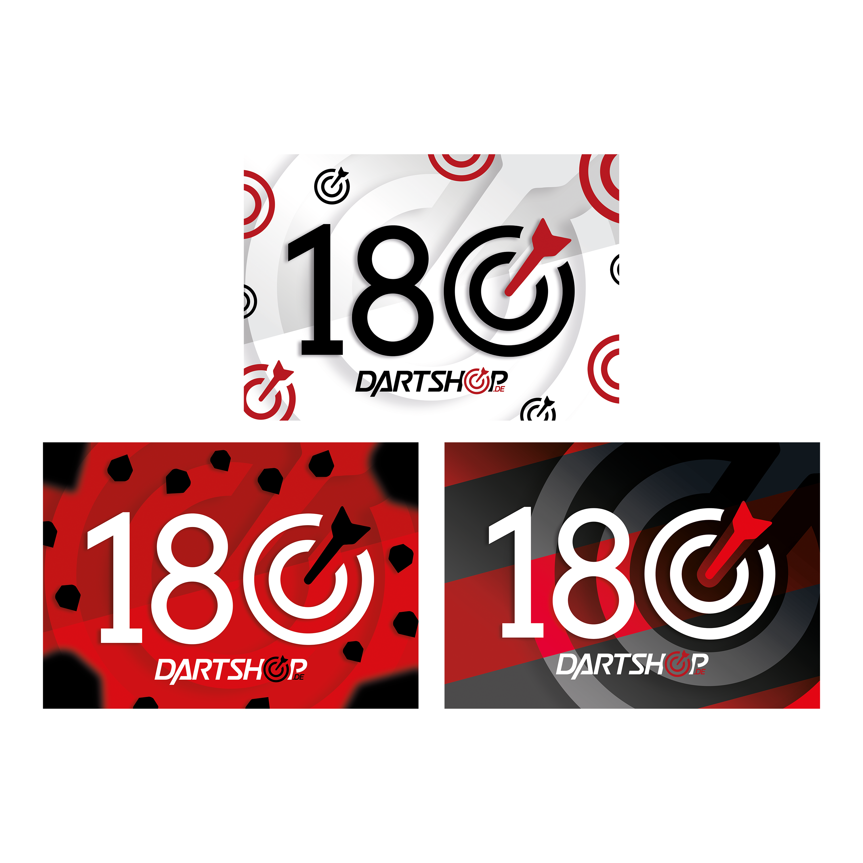 Das Bild zeigt drei verschiedene Schilder des Produkts „Dartshop 180er Schilder (9er Pack)“. Auf jedem Schild steht groß die Zahl 180 mit einer Zielscheibe und einem Dartpfeil, sowie dem Dartshop-Logo.