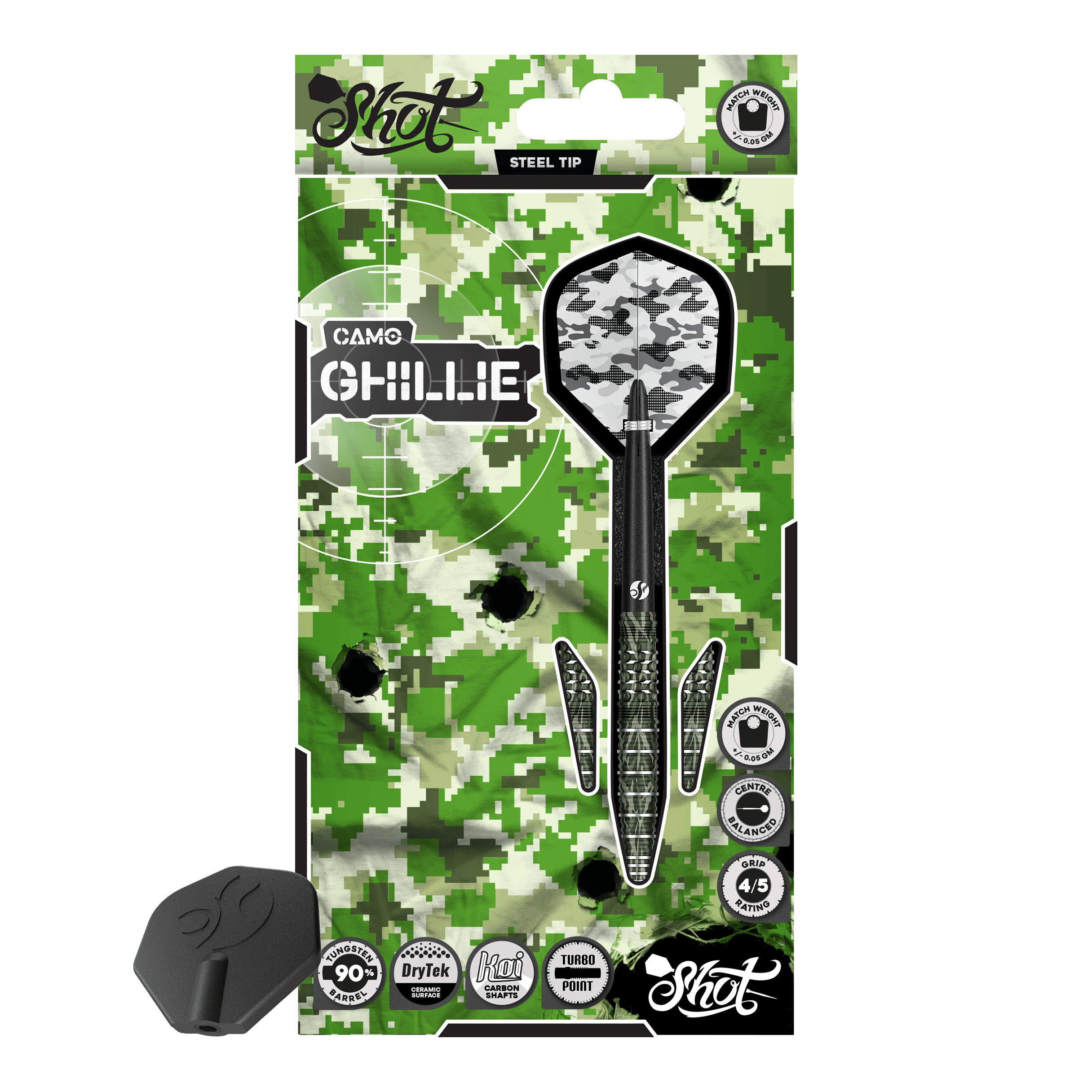Shot Camo Ghillie Turbo Point Steeldarts - 23g Shot Camo Ghillie Turbo Point Steeldarts mit 23 Gramm. Die Darts sind in einem speziellen Tarnmuster gehalten.