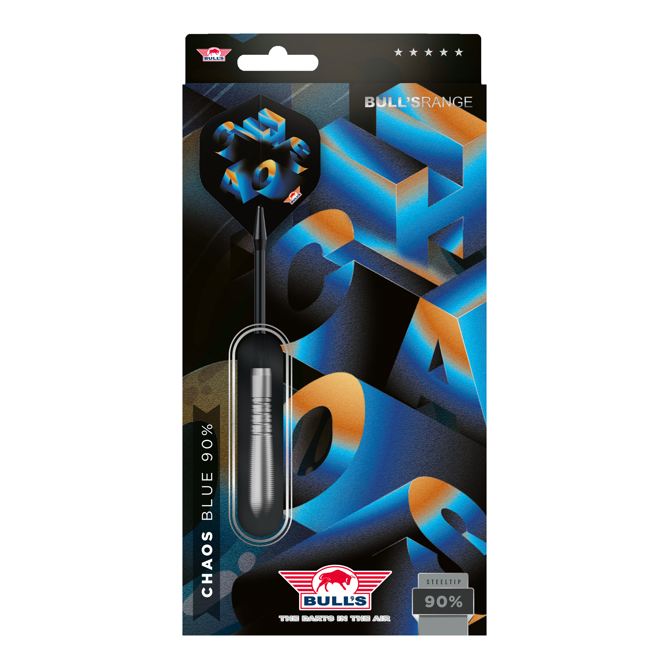 Das Produkt ist Bulls NL Chaos Blue Steeldarts - 23g. Die Darts sind für ihr blaues Chaos-Design bekannt.