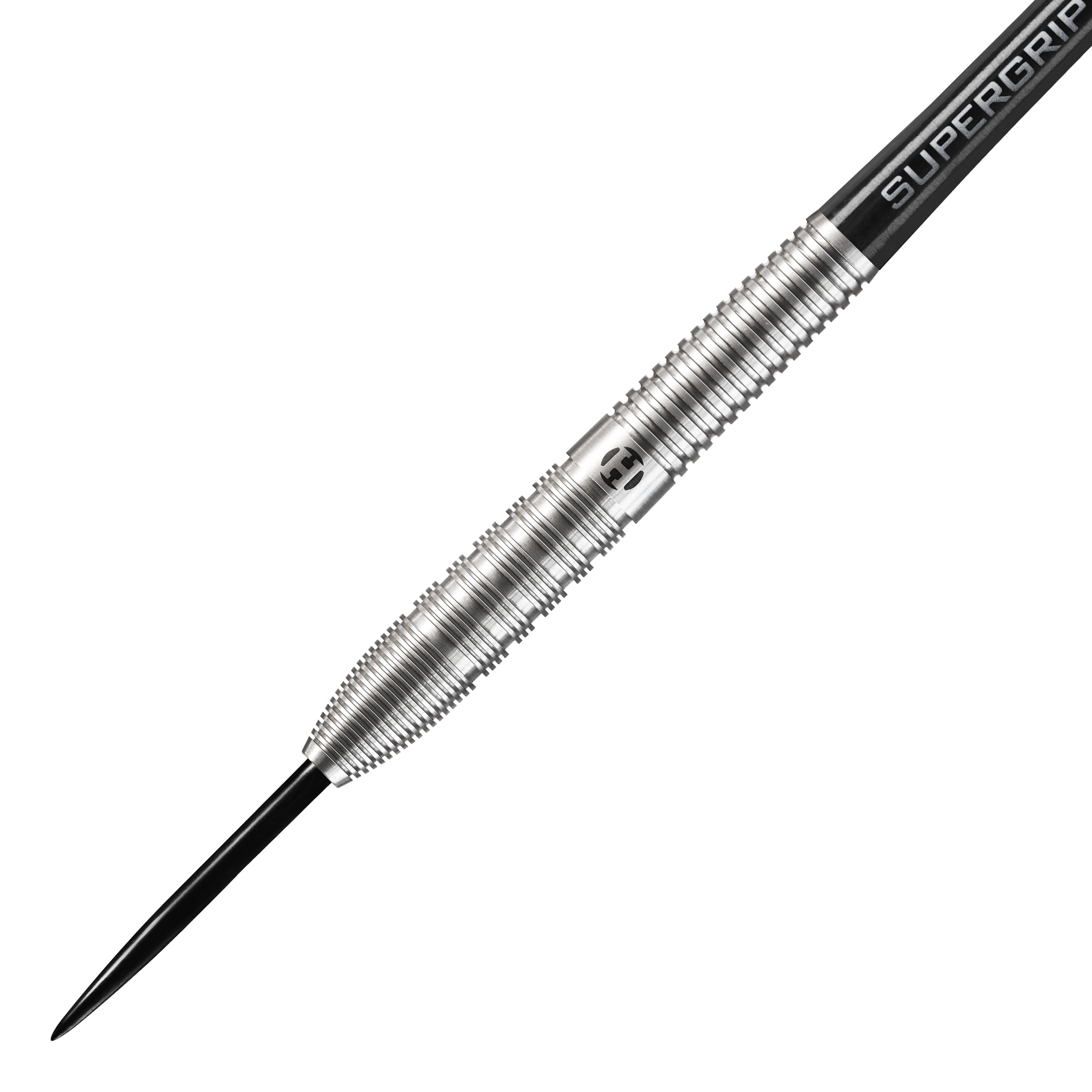 Auf dem Bild ist ein Harrows Control Tapered Steeldart zu sehen. Der Dartpfeil hat eine silberne, gerillte Oberfläche und eine schwarze Spitze.