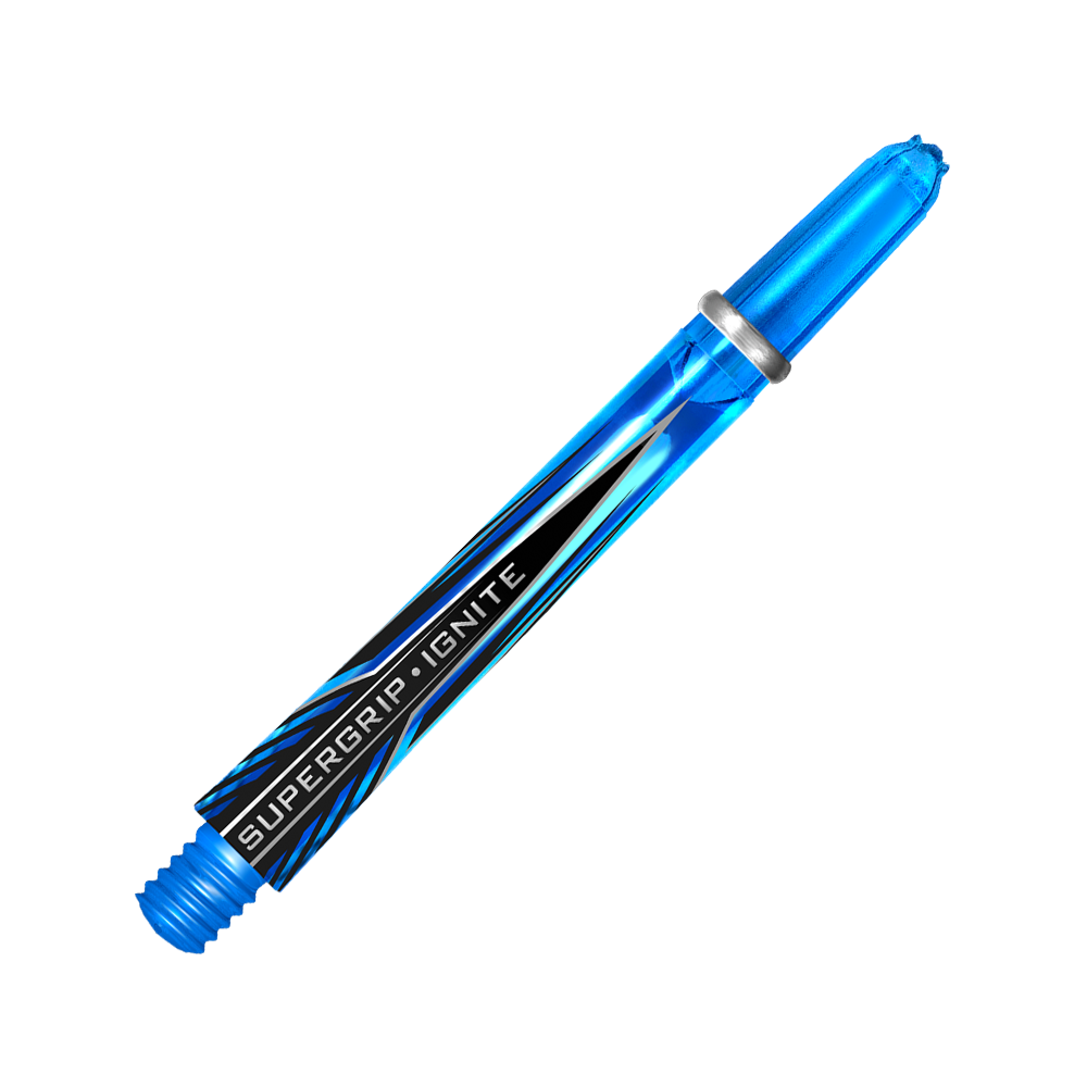Dies ist der Harrows Supergrip Ignite Shaft in der Farbe Aqua. Der Schaft ist durchsichtig blau und hat den Schriftzug "SUPERGRIP IGNITE" aufgedruckt.