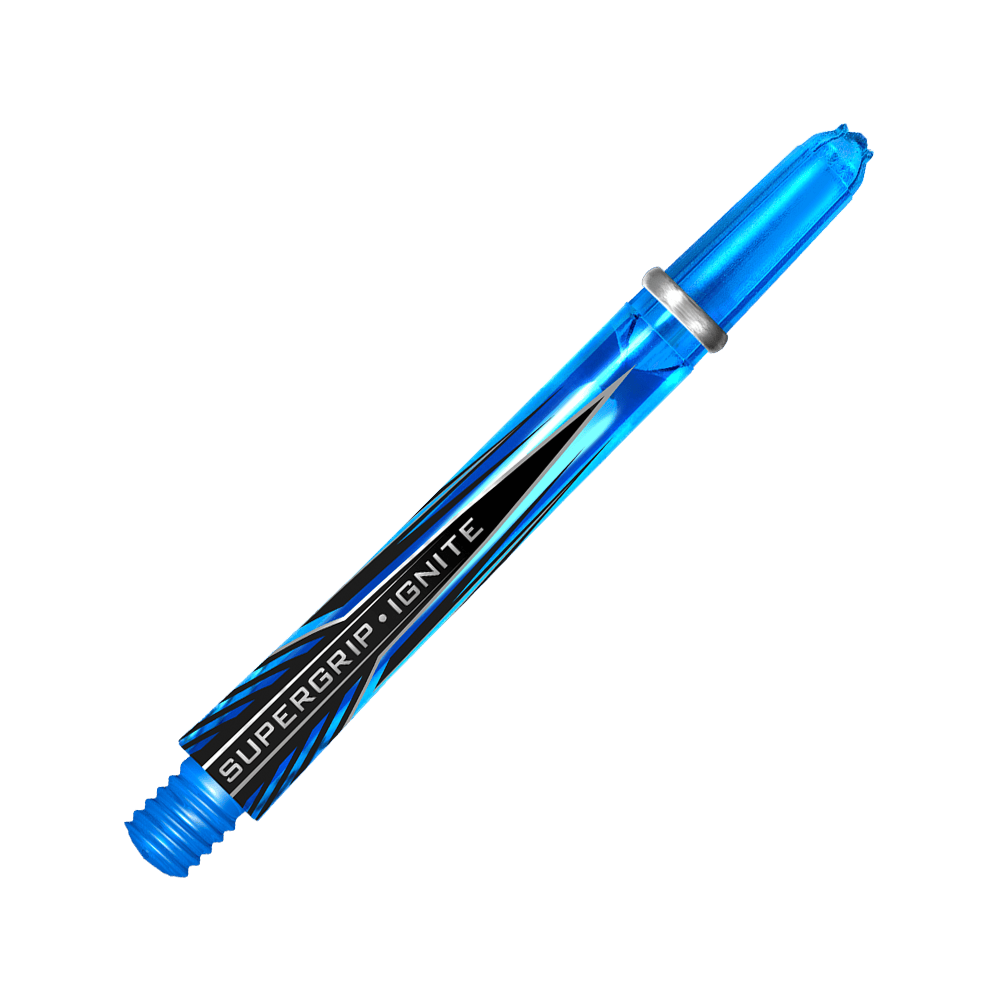 HR388_Harrows_Supergrip_Ignite_Shafts_Aqua_47mm_2 Dies ist der Harrows Supergrip Ignite Shaft in der Farbe Aqua. Der Schaft ist durchsichtig blau und hat den Schriftzug "SUPERGRIP IGNITE" aufgedruckt.
