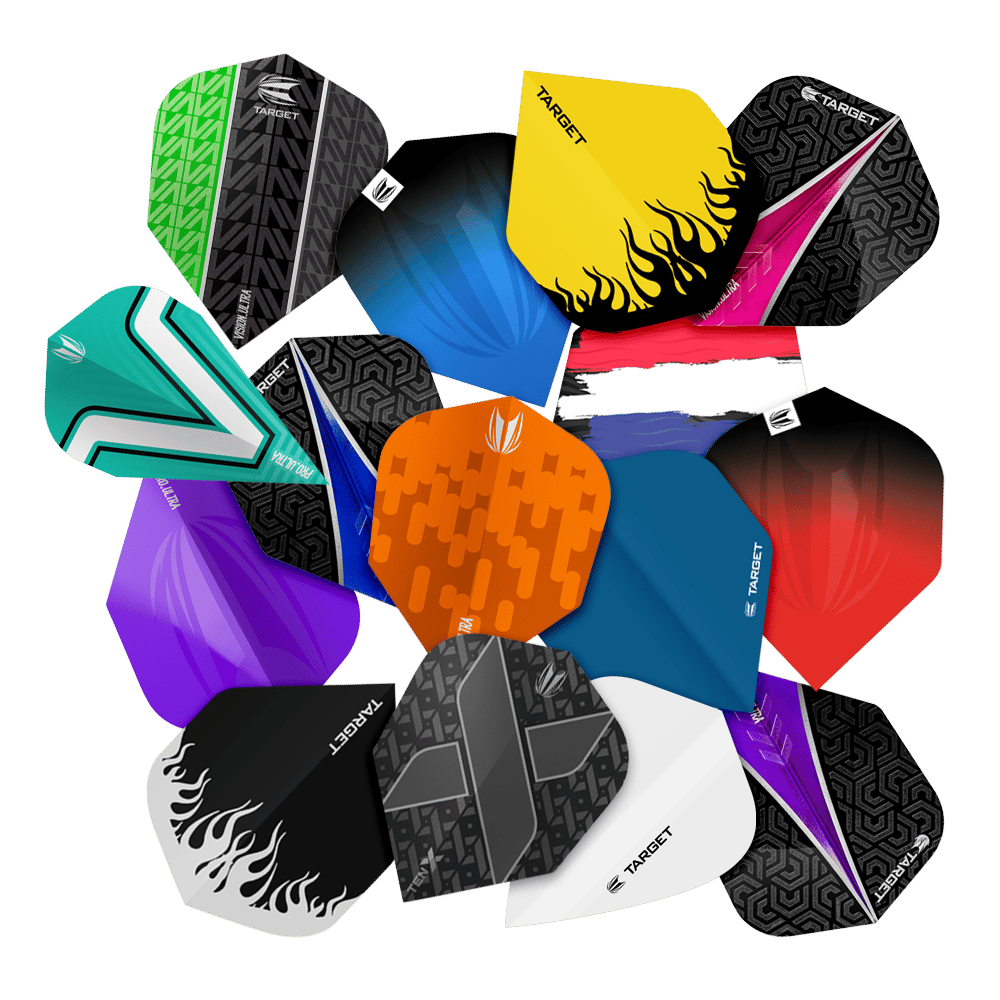 Das Bild zeigt verschiedene bunte Dartflights aus dem "15 Satz Target Flightpack". Jeder Flight hat ein einzigartiges Muster und verschiedene Farben.