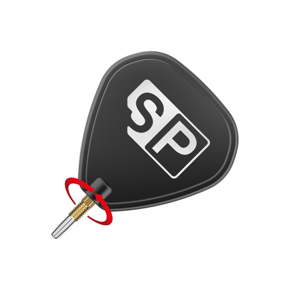 Das Bild zeigt eine schwarze Dartspitze mit den weißen Buchstaben "SP" darauf. Ein roter Pfeil deutet auf eine Drehbewegung an der goldenen Schraubverbindung hin.