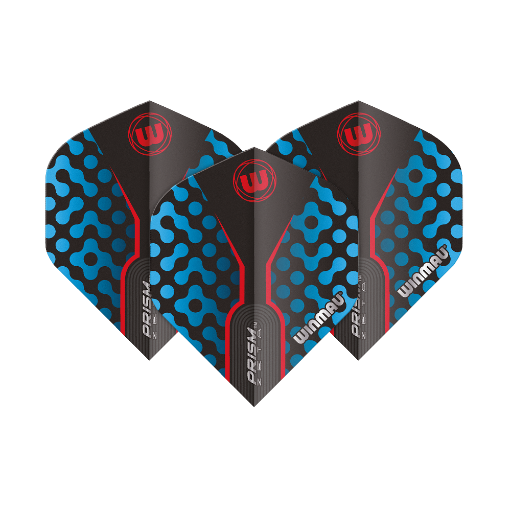 Das Bild zeigt die Winmau Prism Zeta BlueRed Standard Flights. Die Flights sind schwarz mit blauen und roten Akzenten sowie dem Winmau-Logo.