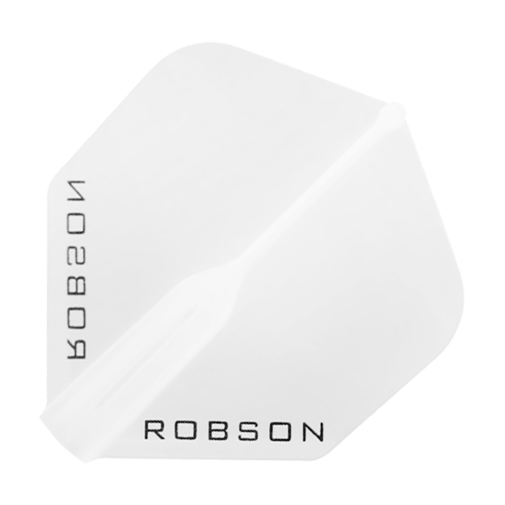 Das Bild zeigt einen klaren, sechseckigen Dartflight mit dem Schriftzug "ROBSON" in schwarzer Farbe. Das Design ist schlicht und durchsichtig gehalten.