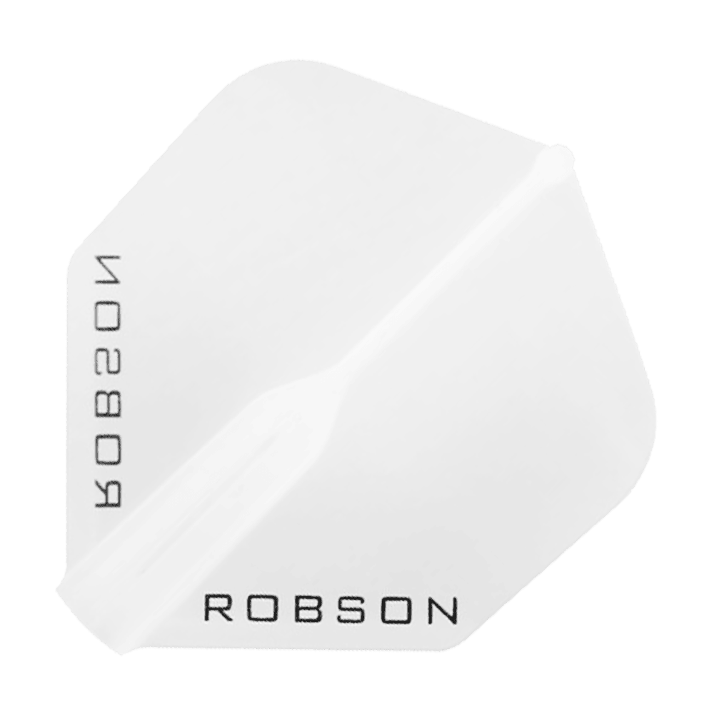 Robson Plus Standard Flights Das Bild zeigt einen klaren, sechseckigen Dartflight mit dem Schriftzug "ROBSON" in schwarzer Farbe. Das Design ist schlicht und durchsichtig gehalten.