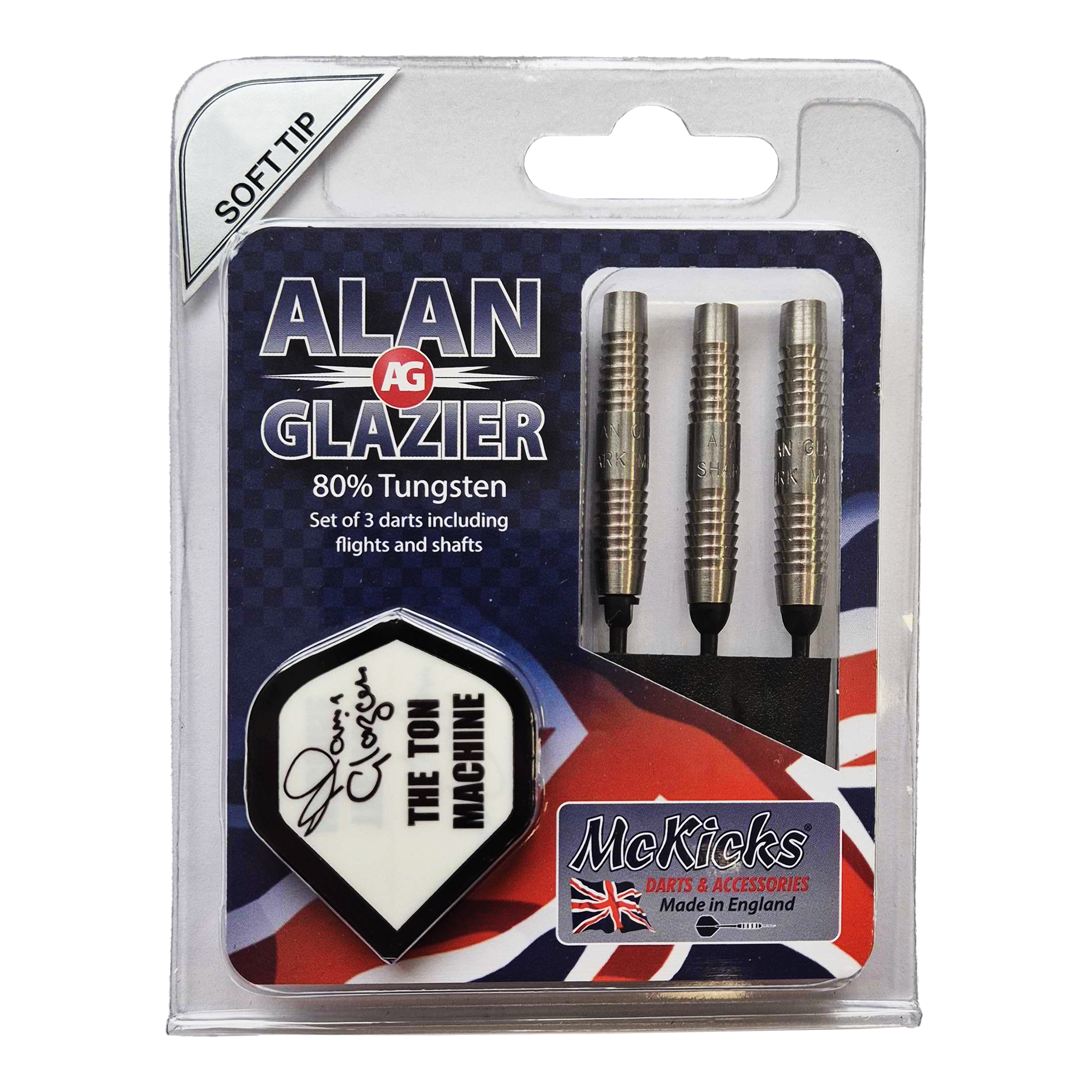 Das Bild zeigt eine Verpackung mit drei Softdarts der Marke "McKicks Alan Glazier Shark Machine". Die Darts bestehen zu 80% aus Tungsten und werden inklusive Flights und Shafts geliefert.