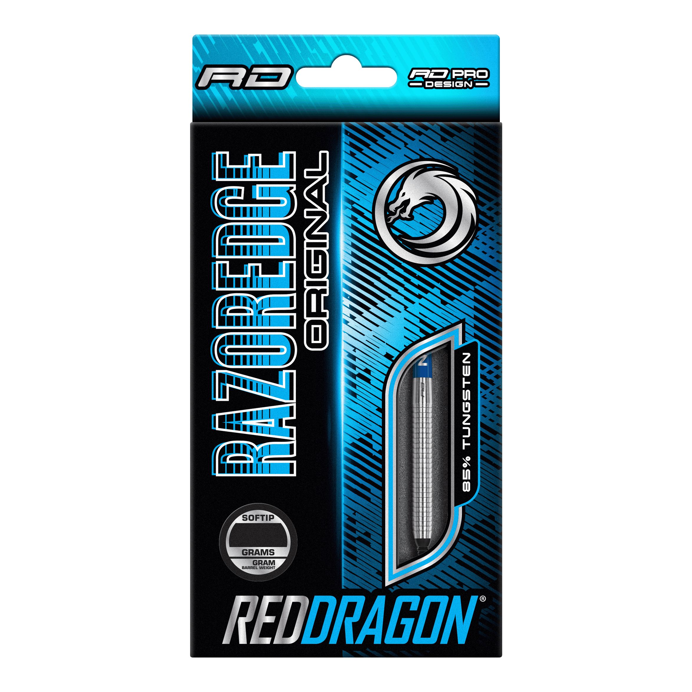Die Abbildung zeigt die Verpackung der "Red Dragon Razor Edge Original Softdarts - 20g". Auf der Packung sind ein stilisierter Drache und Informationen wie "95% Tungsten" und "Softtip" zu sehen.