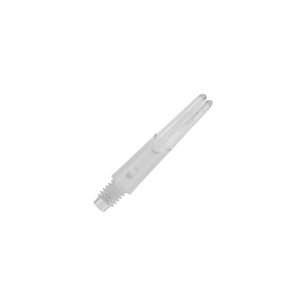 L-Style L-Shafts Locked Straight - Clear 130 Das Bild zeigt einen transparenten, geraden Dart-Schaft aus Kunststoff. Er hat ein Schraubgewinde an einem Ende und ist 26 mm lang.