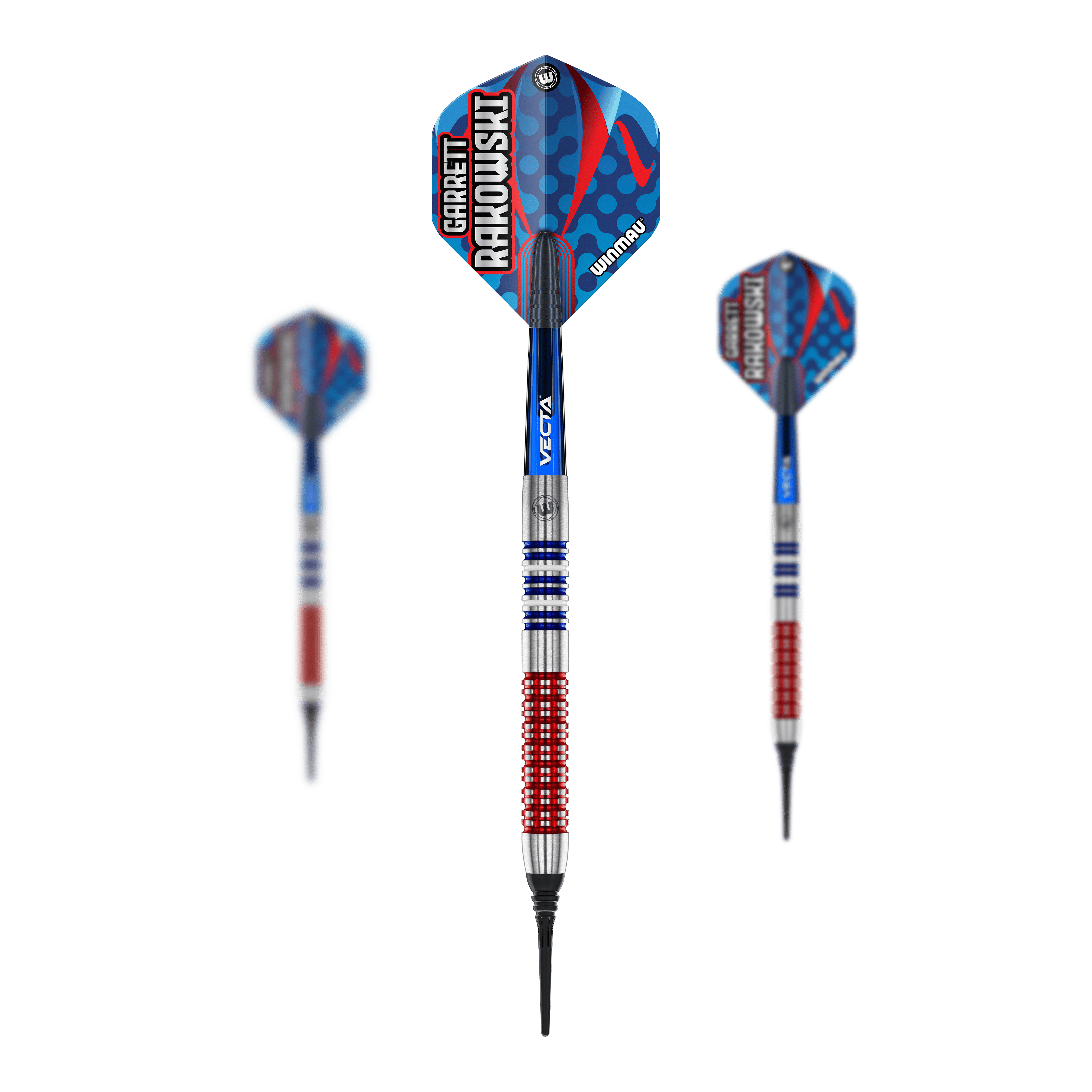 Das Bild zeigt drei Softdarts des Modells "Winmau Garrett Rakowski Softdarts - 20g". Die Darts haben ein auffälliges Design in Blau, Rot und Silber mit der Aufschrift "Garrett Rakowski" auf den Flights.