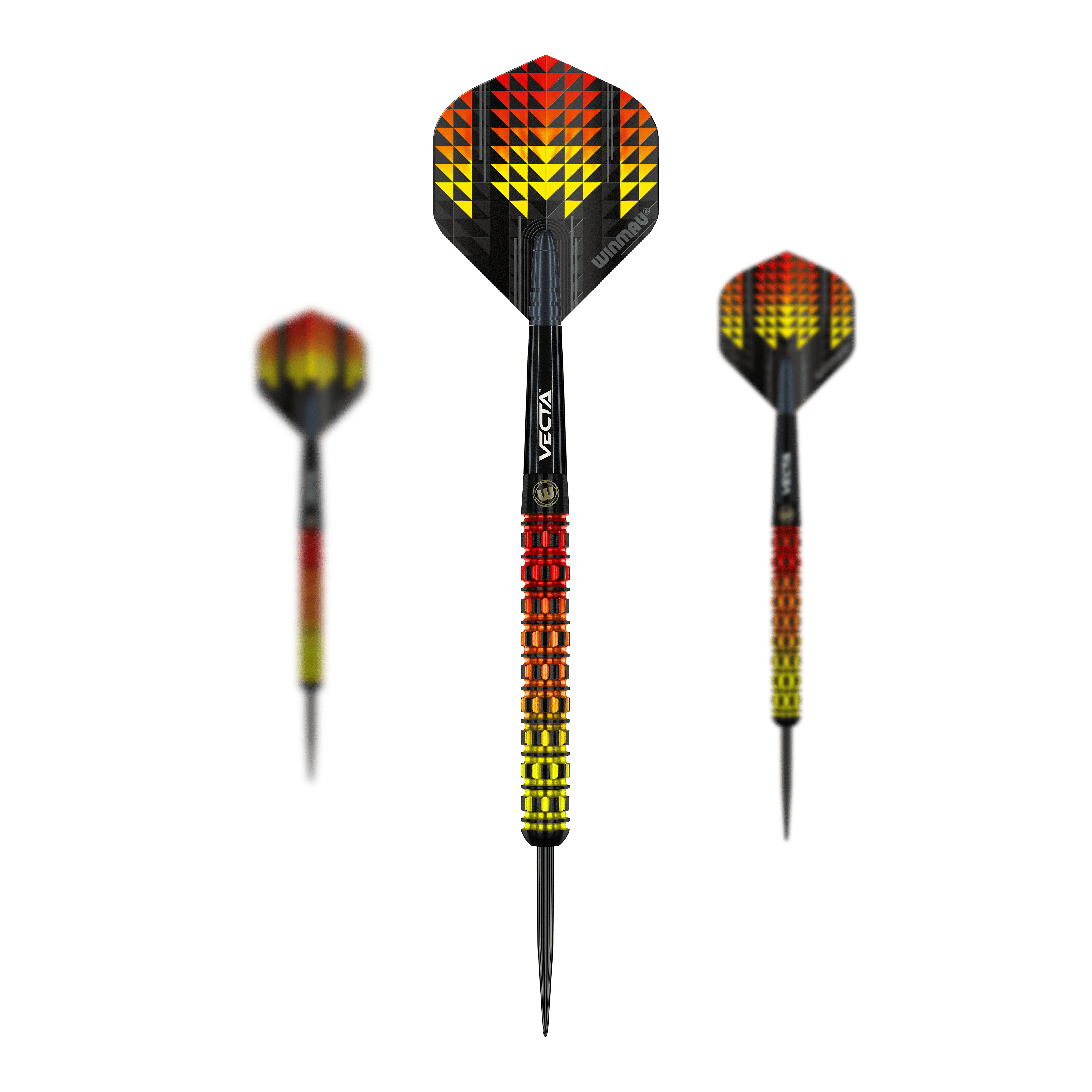 Das Bild zeigt drei Winmau Firestorm Flame Parallel Steeldarts mit auffälligem Flammen-Design in Gelb, Orange und Rot. Die Flights sind schwarz mit geometrischem Muster, während die Schäfte passend farbig gestaltet sind.