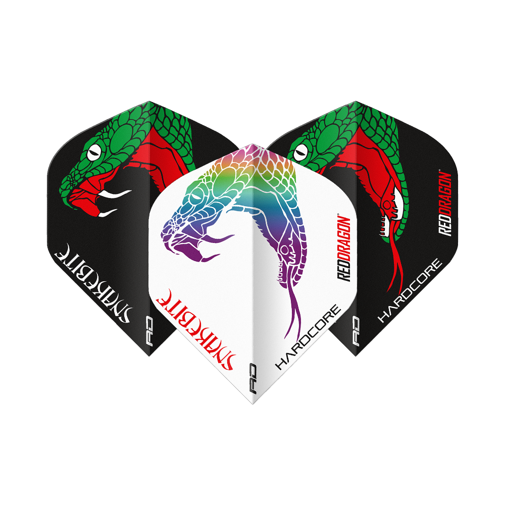 Das Bild zeigt drei Dart-Flights der Marke "Red Dragon Peter Wright Snakebite Black White Yin Yang Standard Flights". Die Flights sind in Schwarz und Weiß gestaltet und mit farbigen Schlangenmotiven verziert.