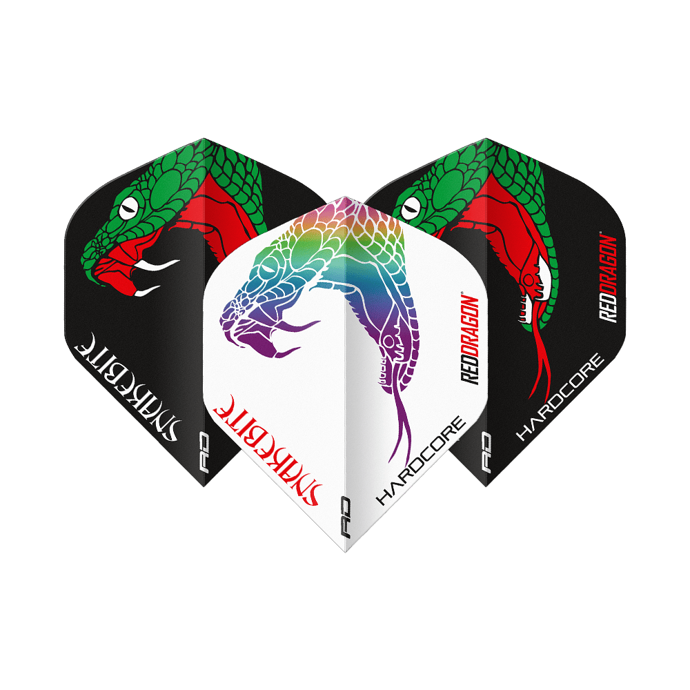 Red Dragon Peter Wright Snakebite Black White Yin Yang Standard Flights Das Bild zeigt drei Dart-Flights der Marke "Red Dragon Peter Wright Snakebite Black White Yin Yang Standard Flights". Die Flights sind in Schwarz und Weiß gestaltet und mit farbigen Schlangenmotiven verziert.