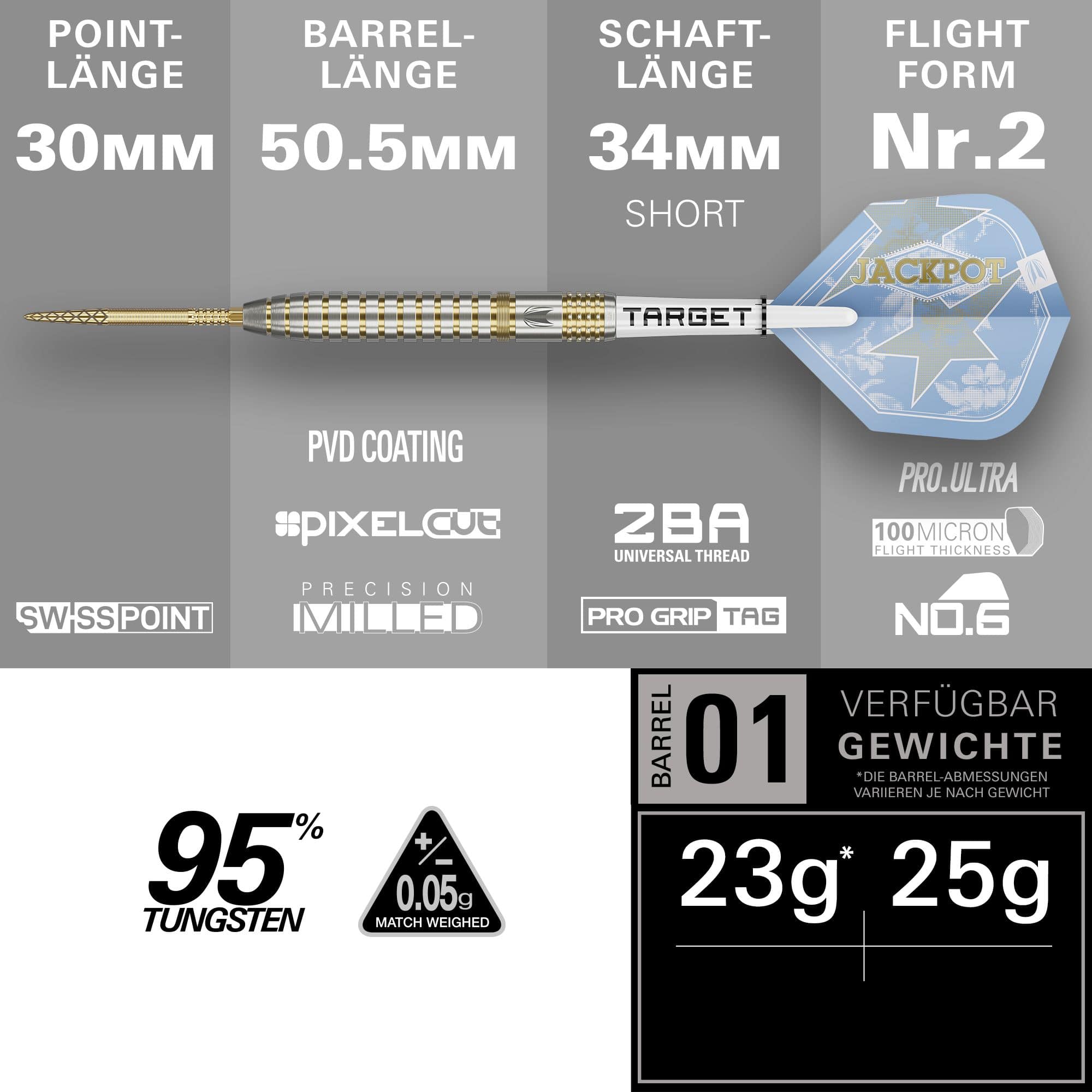 Zu sehen ist ein Satz Target Adrian Lewis Showdown Swiss Points Steeldarts. Diese Darts bieten eine hochwertige Verarbeitung.